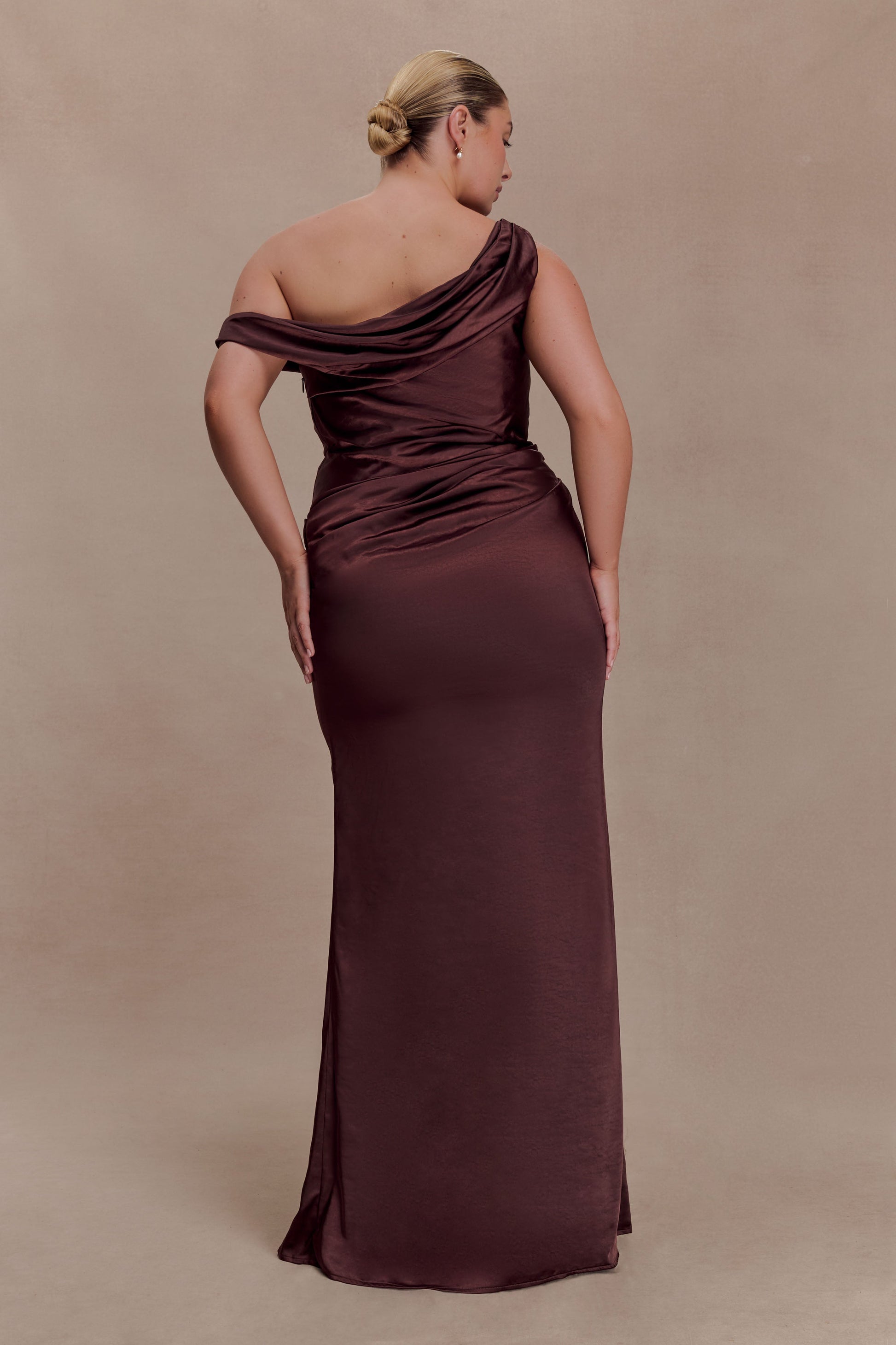 Dalia Off Shoulder Satin Maxi Dress - Dark Chocolate #2