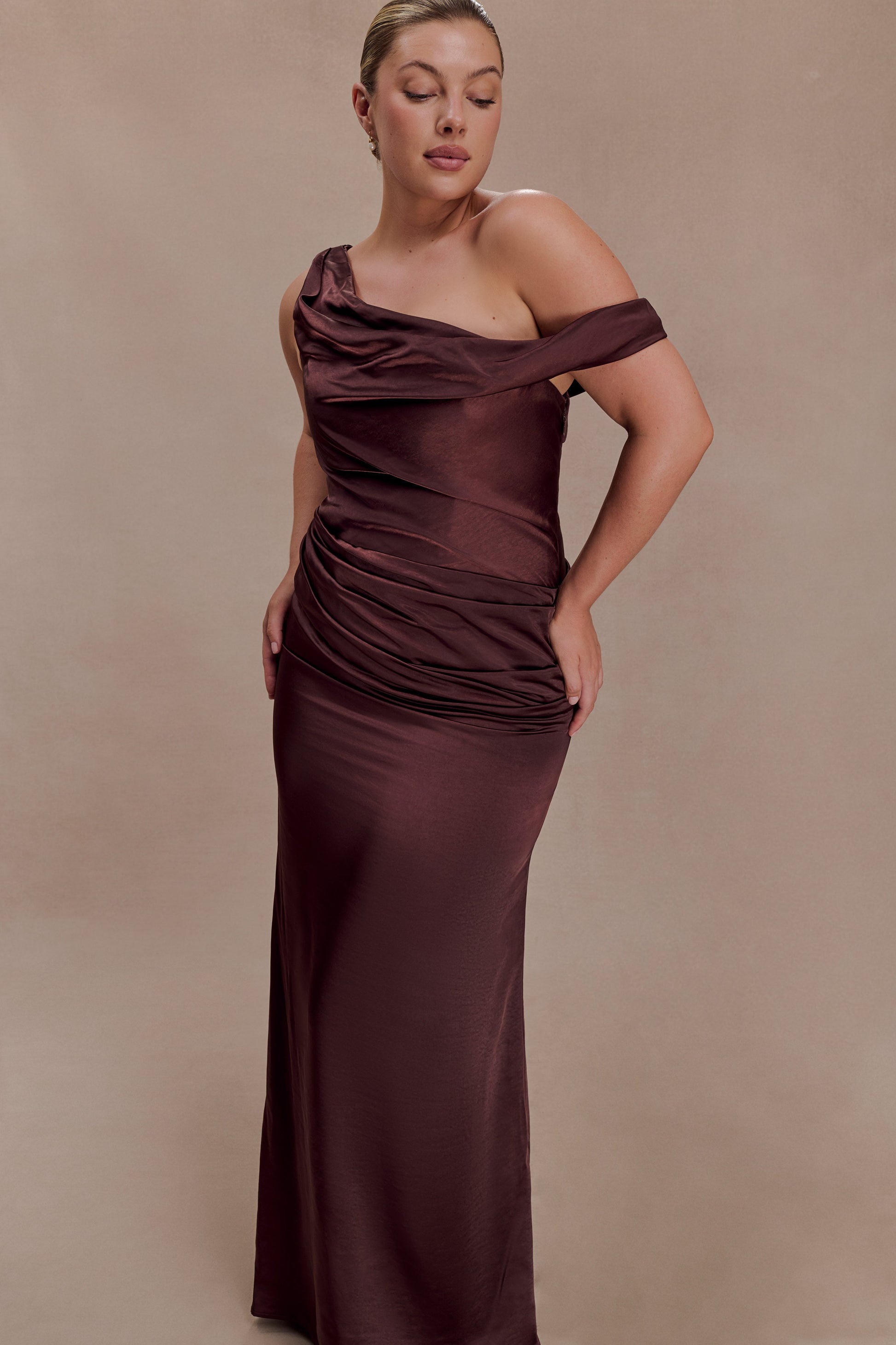 Dalia Off Shoulder Satin Maxi Dress - Dark Chocolate #3