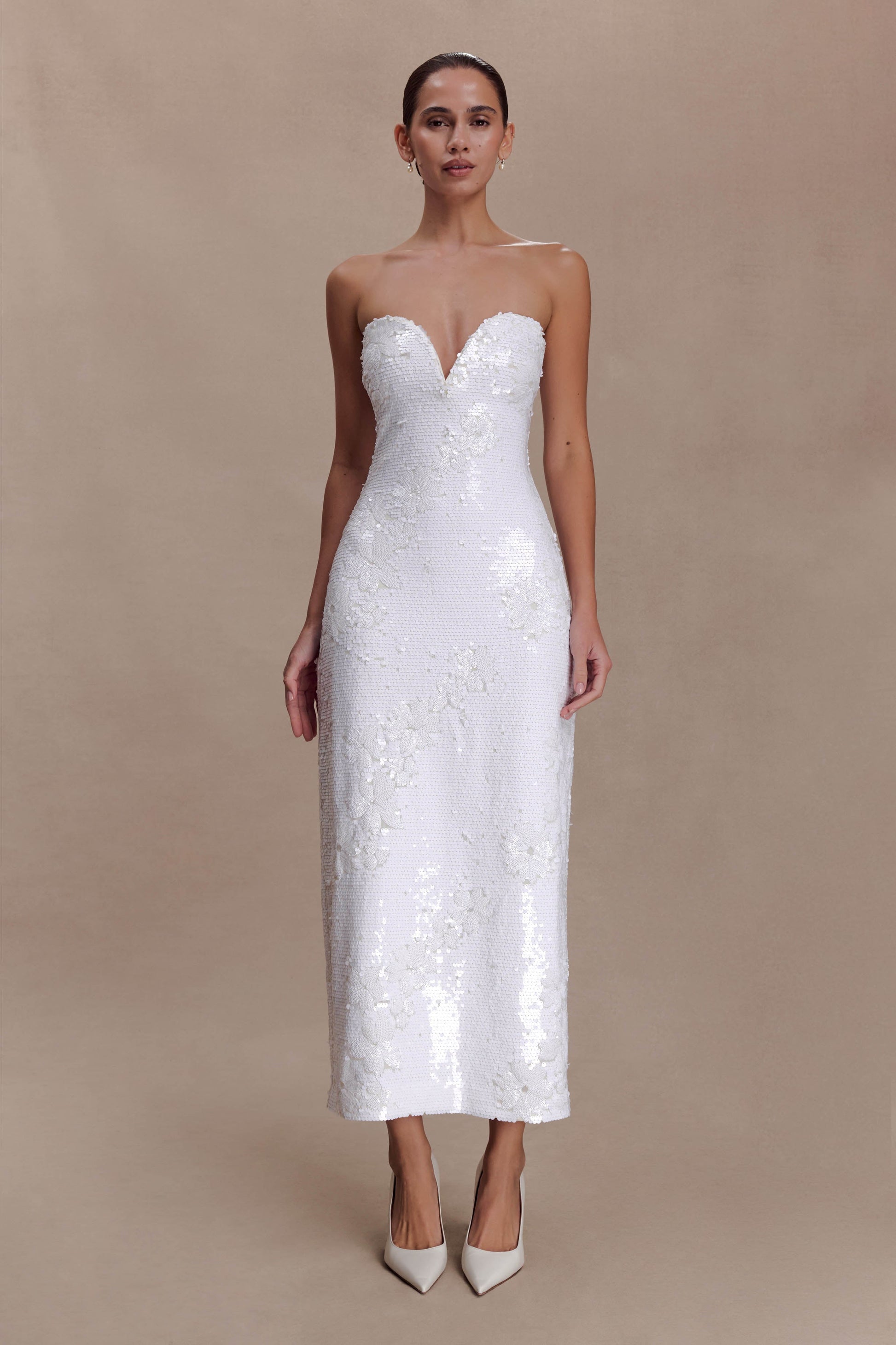 Maisie Strapless Sequin Midi Dress - White