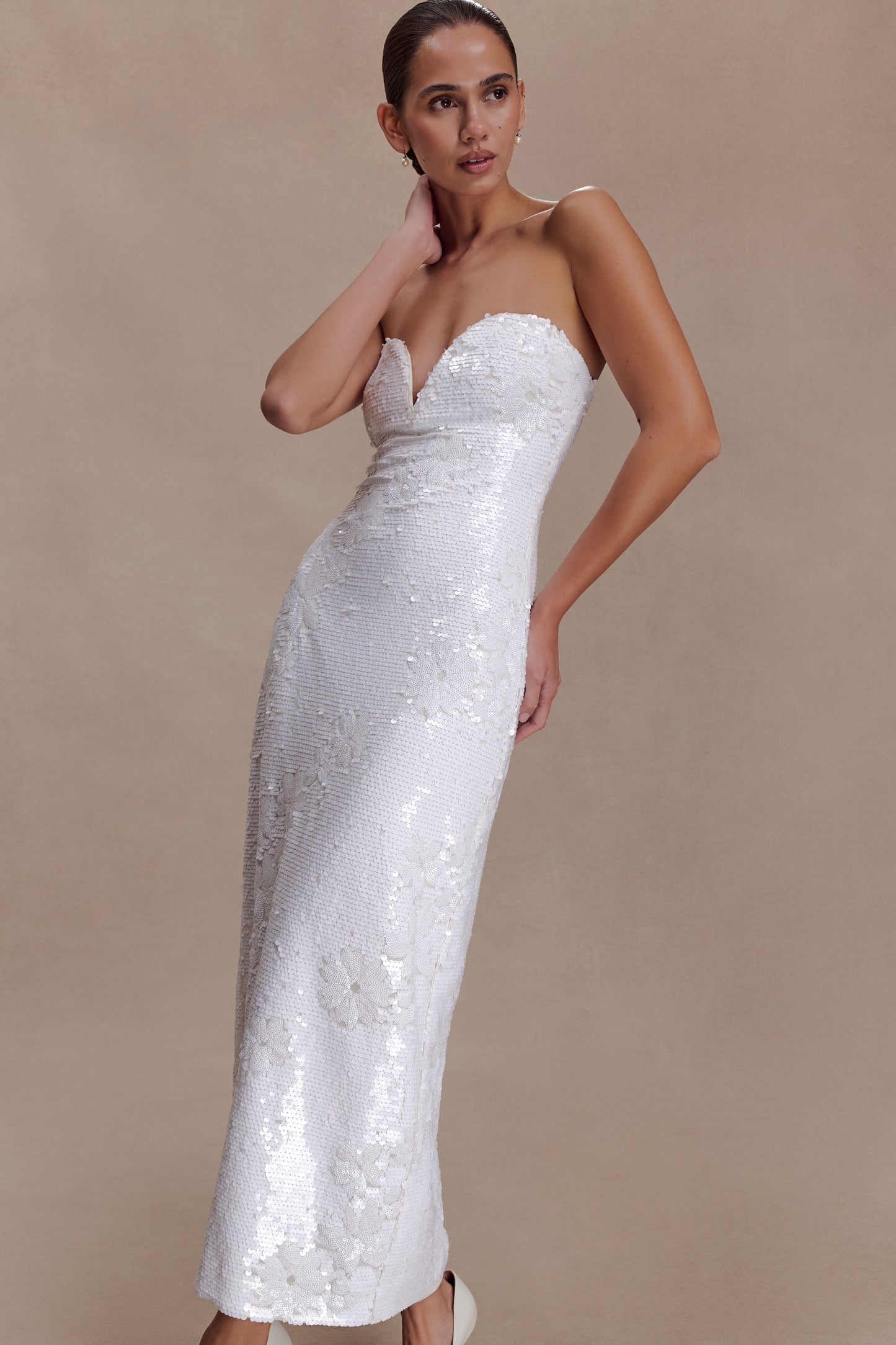 Maisie Strapless Sequin Midi Dress - White