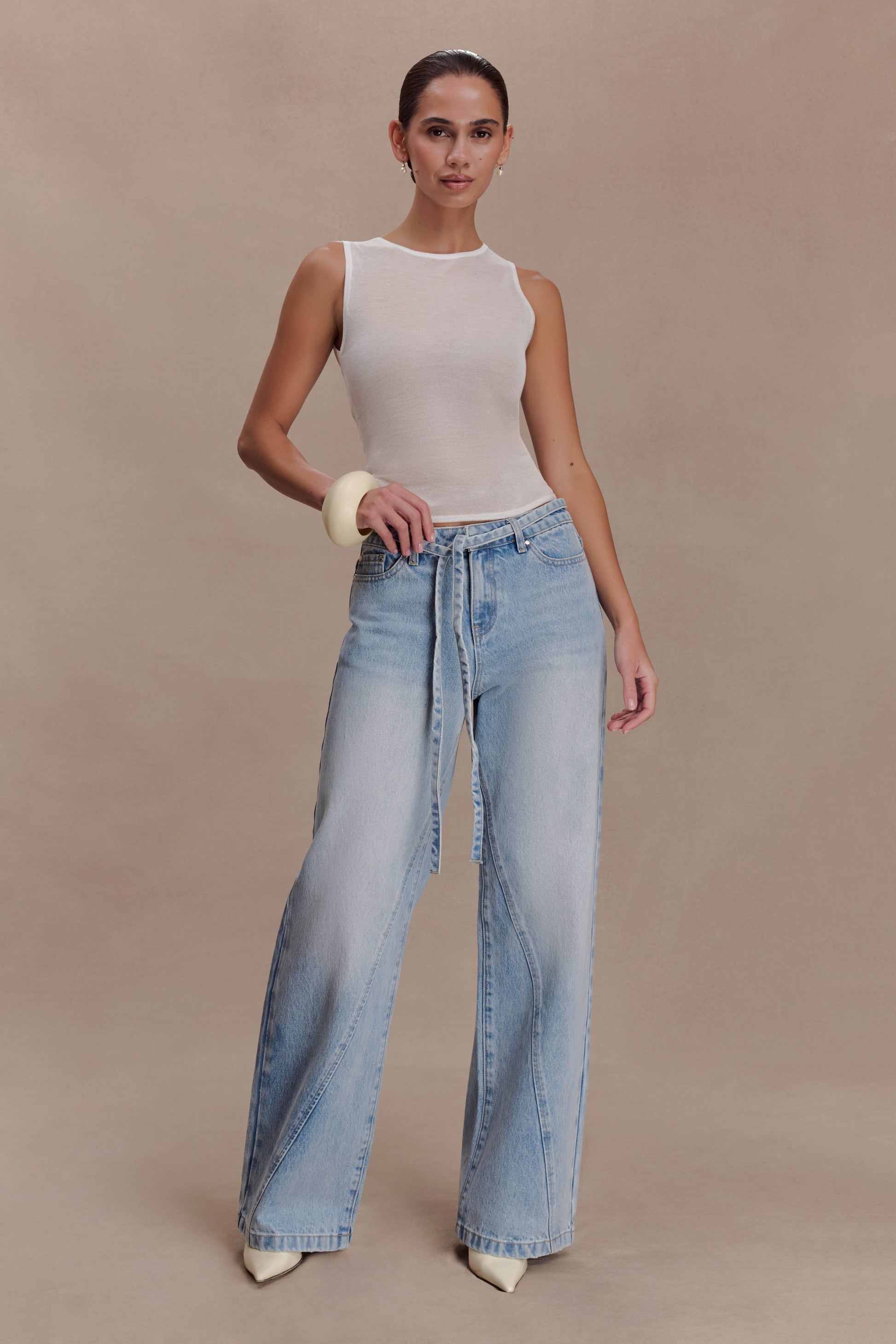 Perrie Mid Rise Straight Leg Tie Jeans - Washed Light Blue