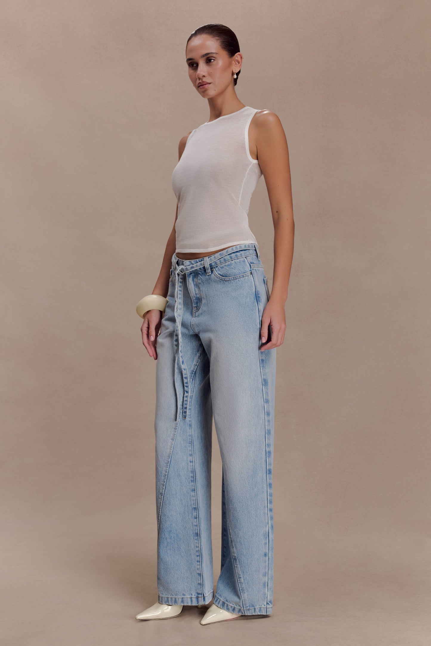 Perrie Mid Rise Straight Leg Tie Jeans - Washed Light Blue