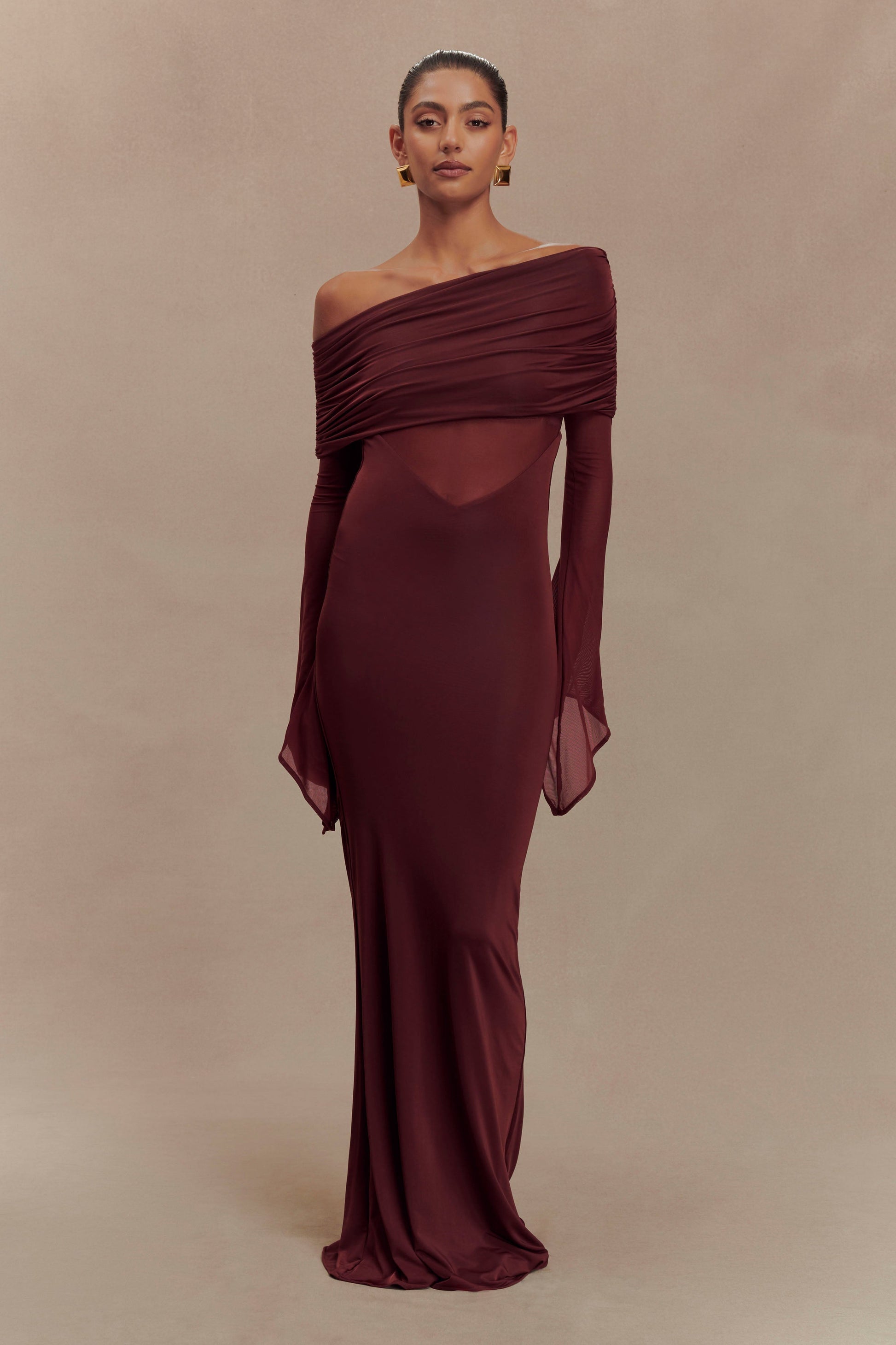 Kaitlin One Shoulder Slinky And Mesh Maxi Dress - Burgundy | MESHKI UK Kaitlin One Shoulder Slinky And Mesh Maxi Dress - Burgundy | MESHKI UK