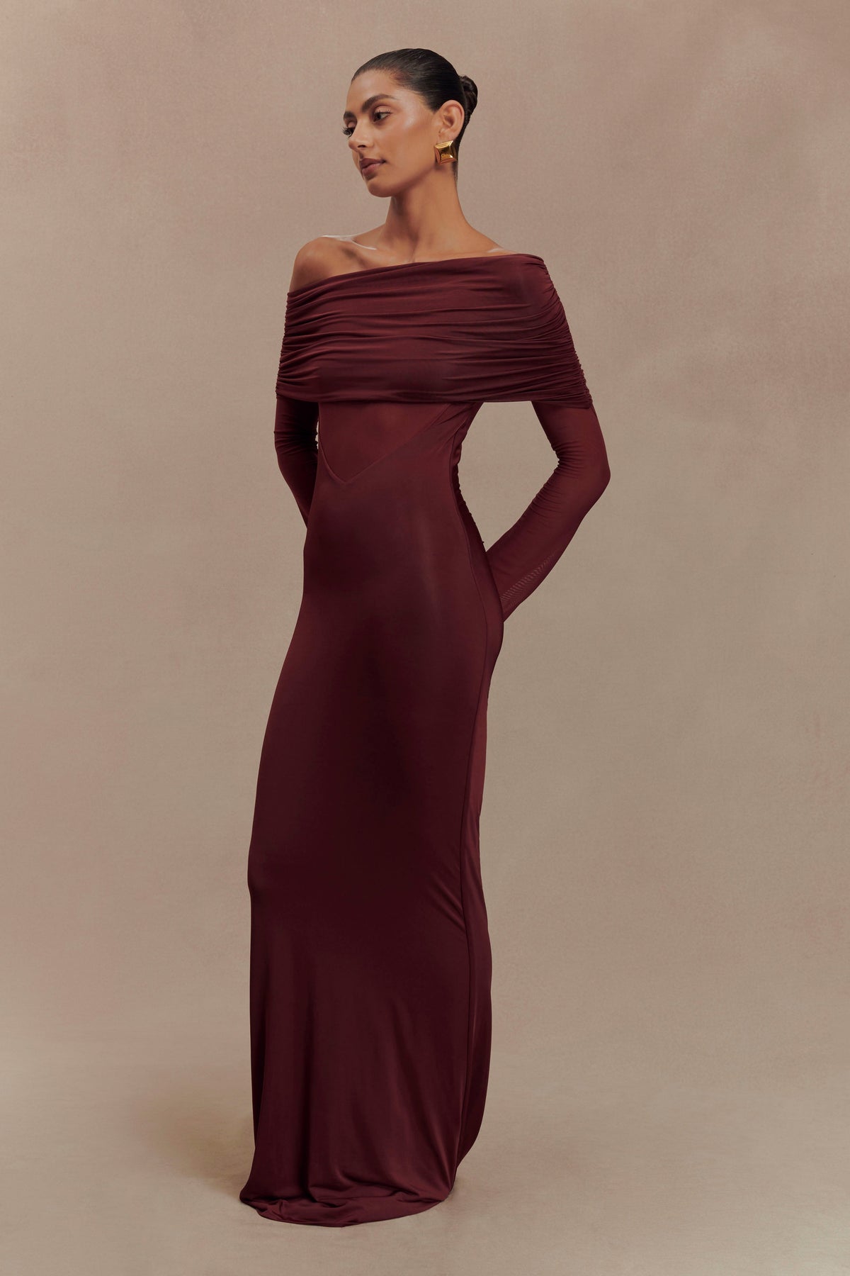Kaitlin One Shoulder Slinky And Mesh Maxi Dress - Burgundy