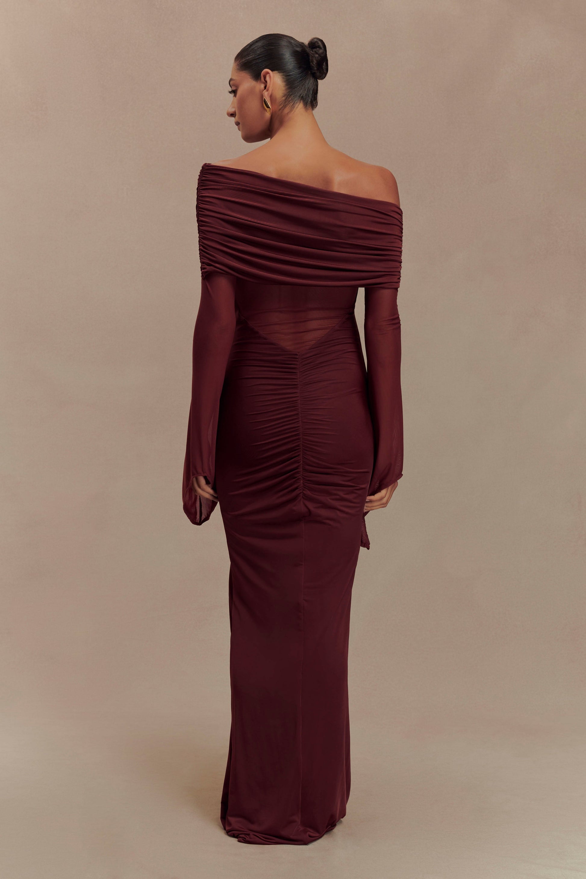 Kaitlin One Shoulder Slinky And Mesh Maxi Dress - Burgundy #2