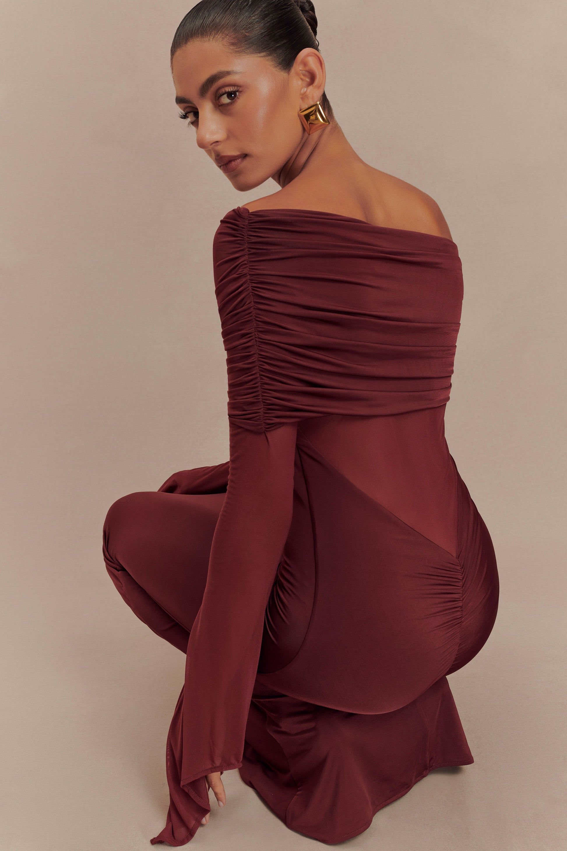 Kaitlin One Shoulder Slinky And Mesh Maxi Dress - Burgundy #3