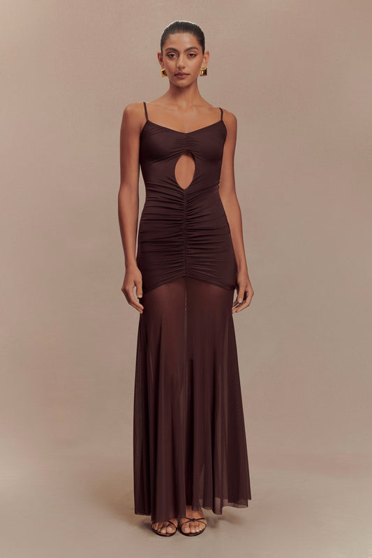 Delaney Slinky And Mesh Maxi Dress - Chocolate
