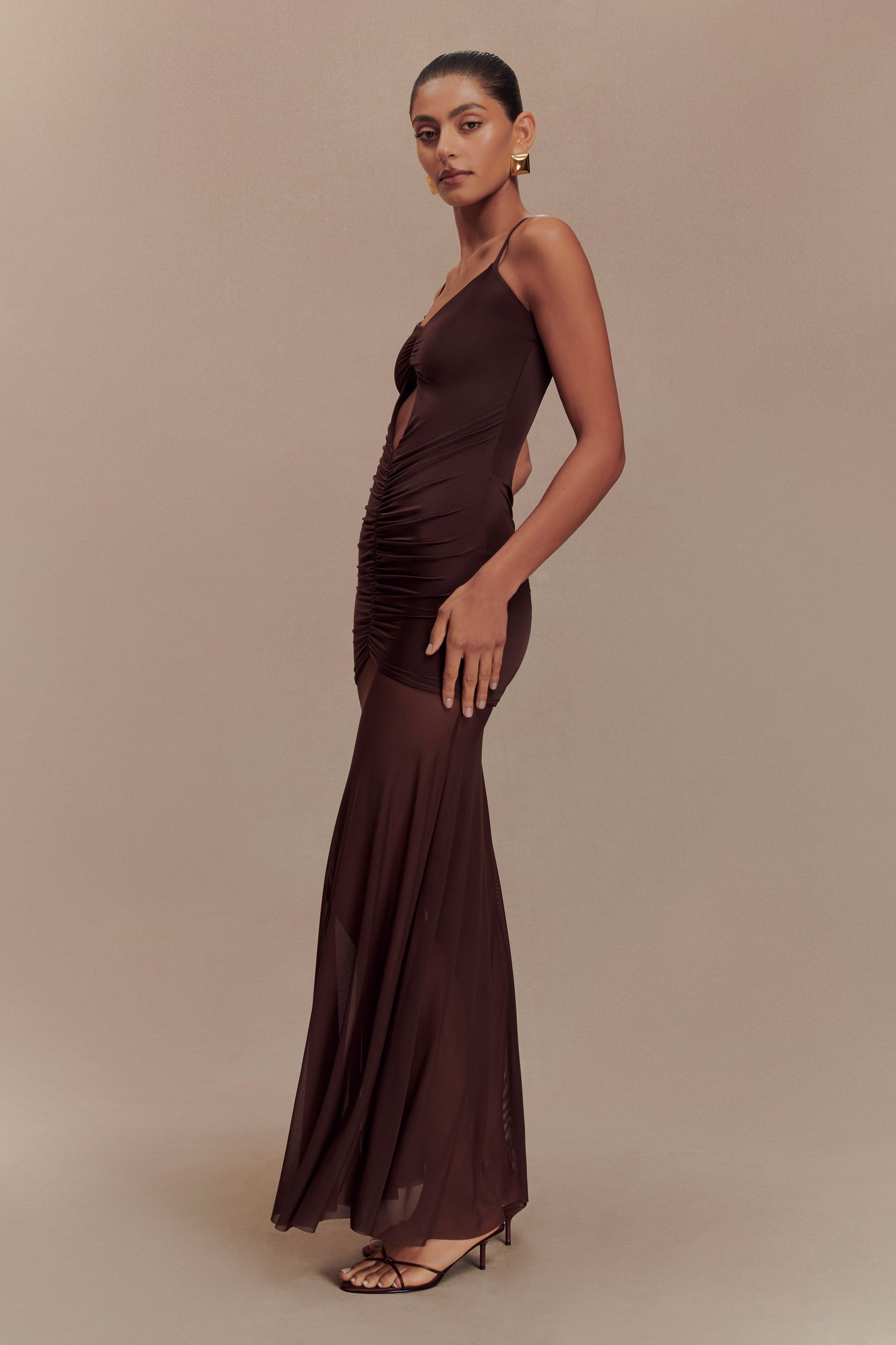 Delaney Slinky And Mesh Maxi Dress - Chocolate #3