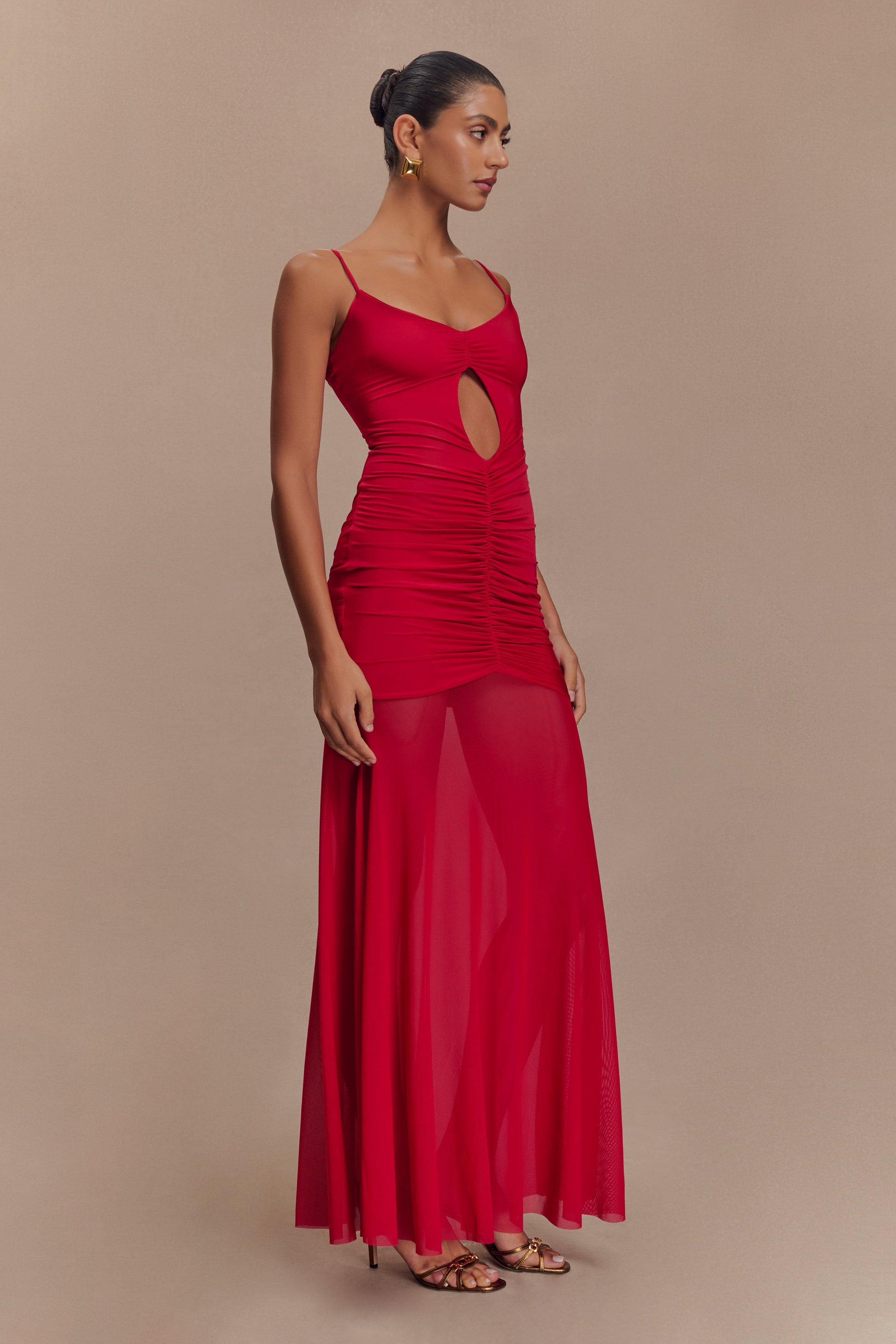 Delaney Slinky And Mesh Maxi Dress - Red #4