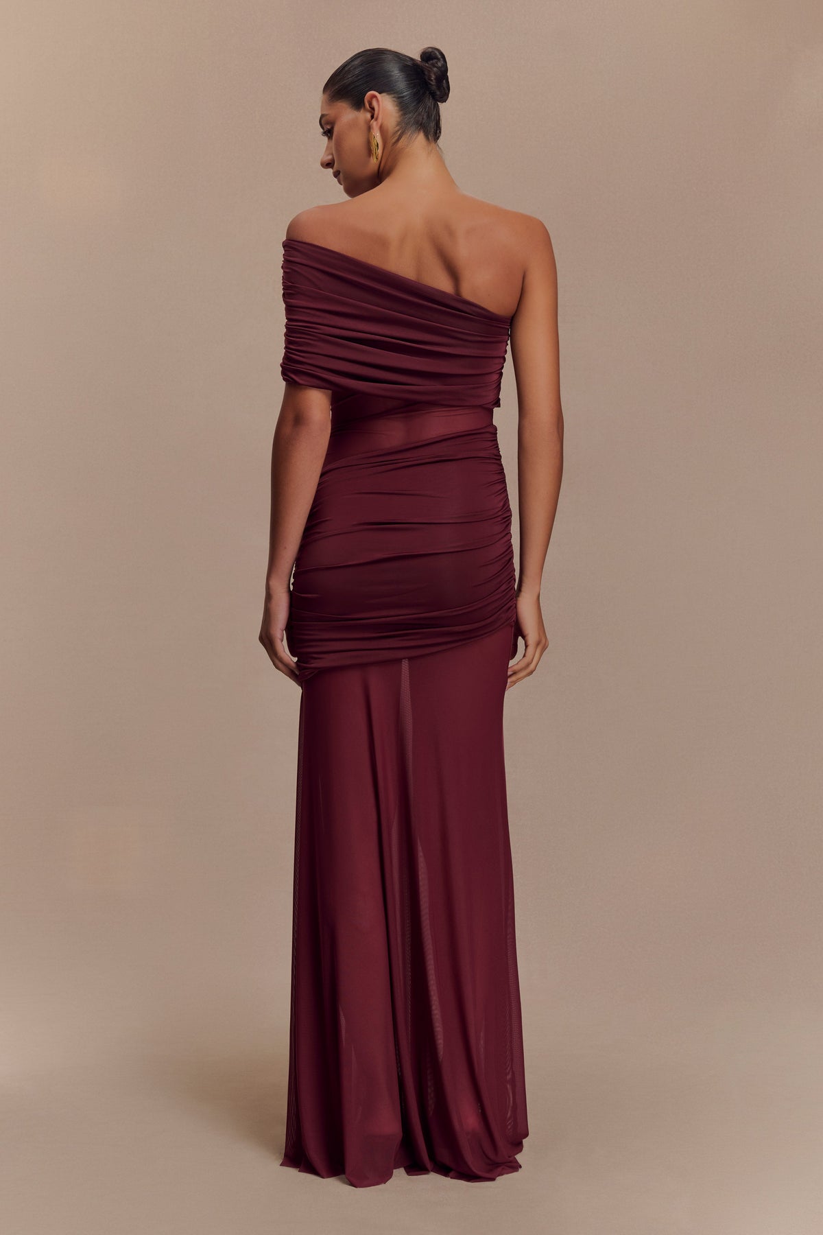 Dallas One Shoulder Mesh Maxi Dress - Burgundy #2
