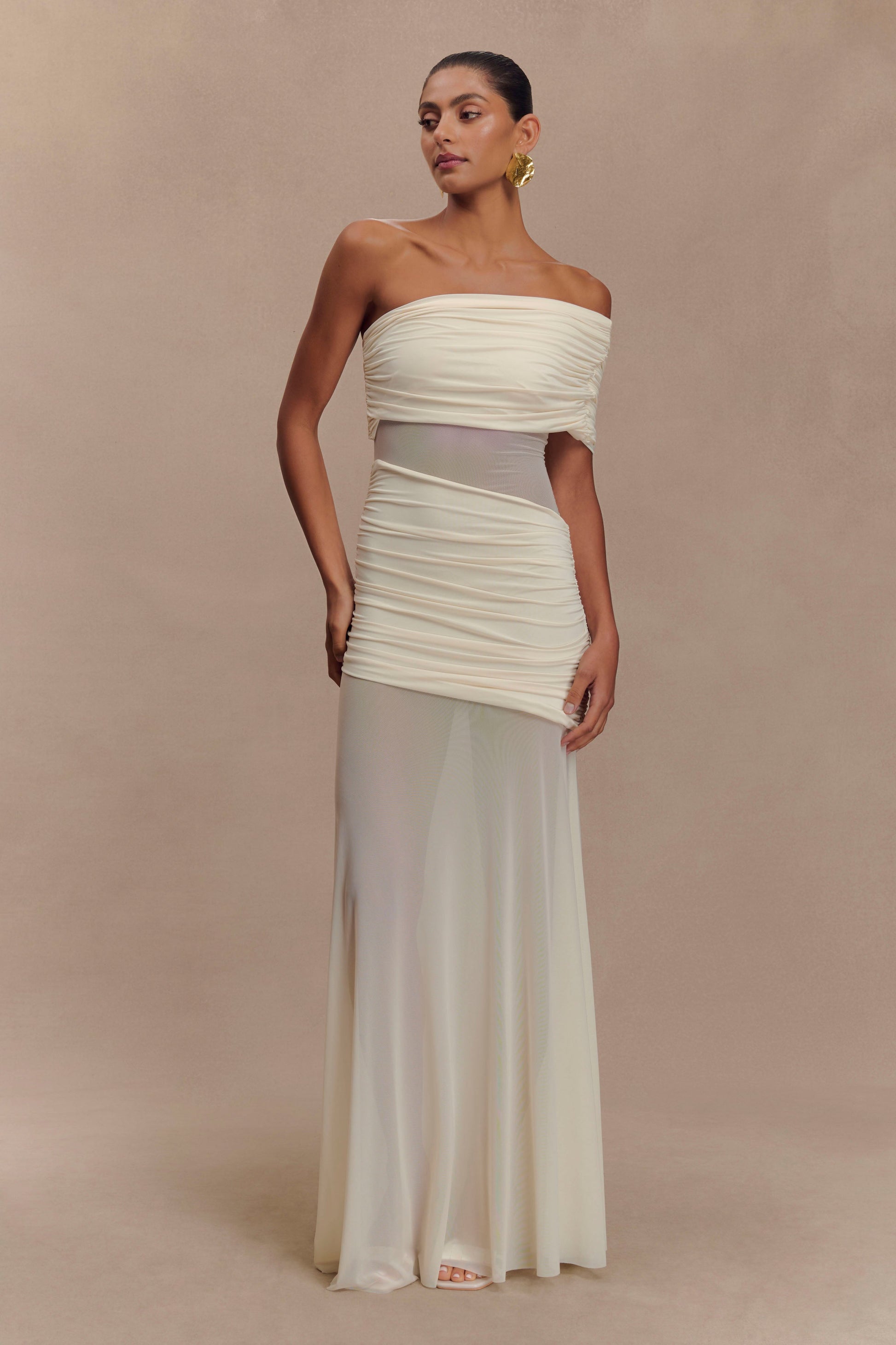 Dallas One Shoulder Mesh Maxi Dress - Ivory #3