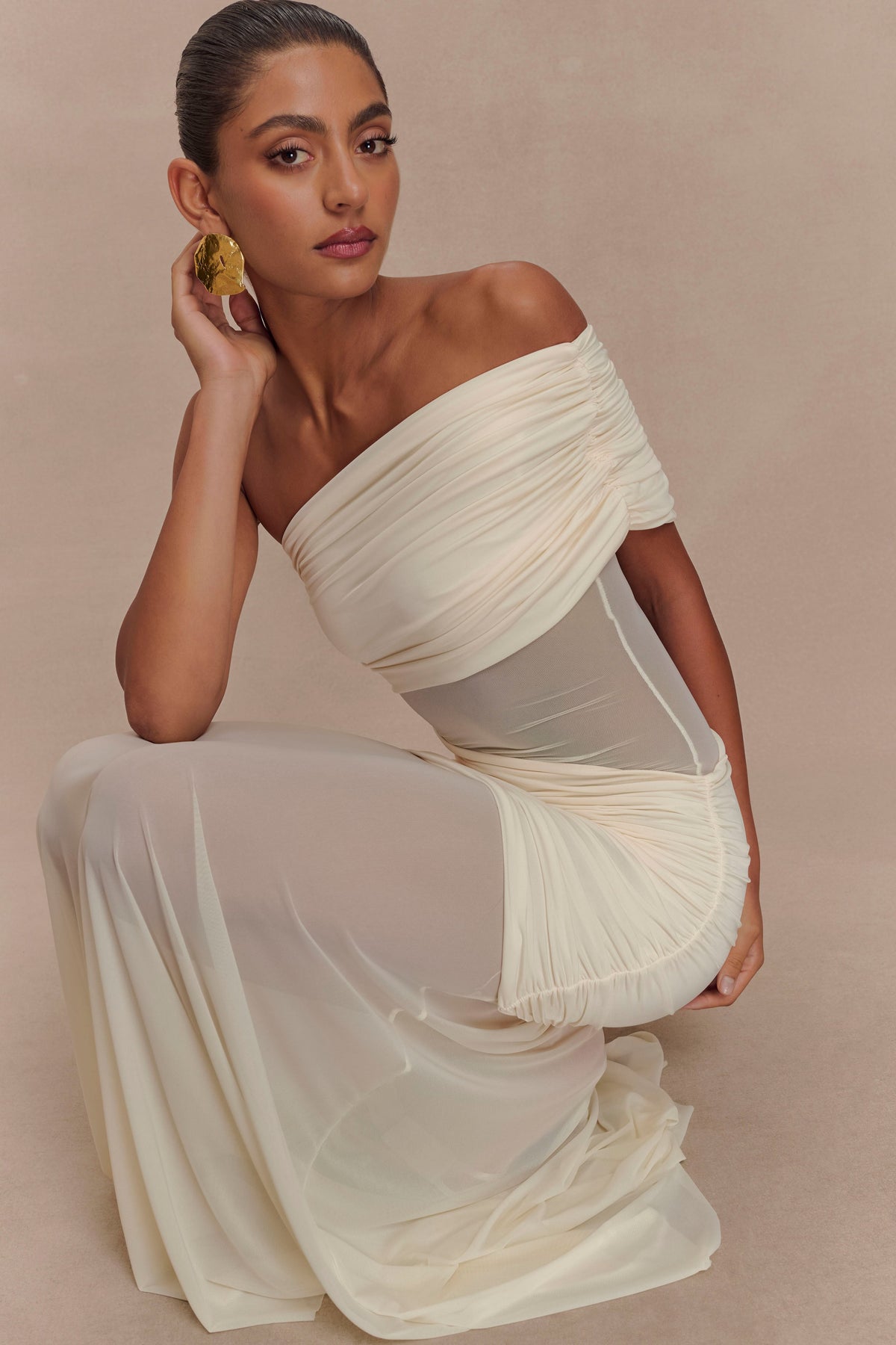 Dallas One Shoulder Mesh Maxi Dress - Ivory #7