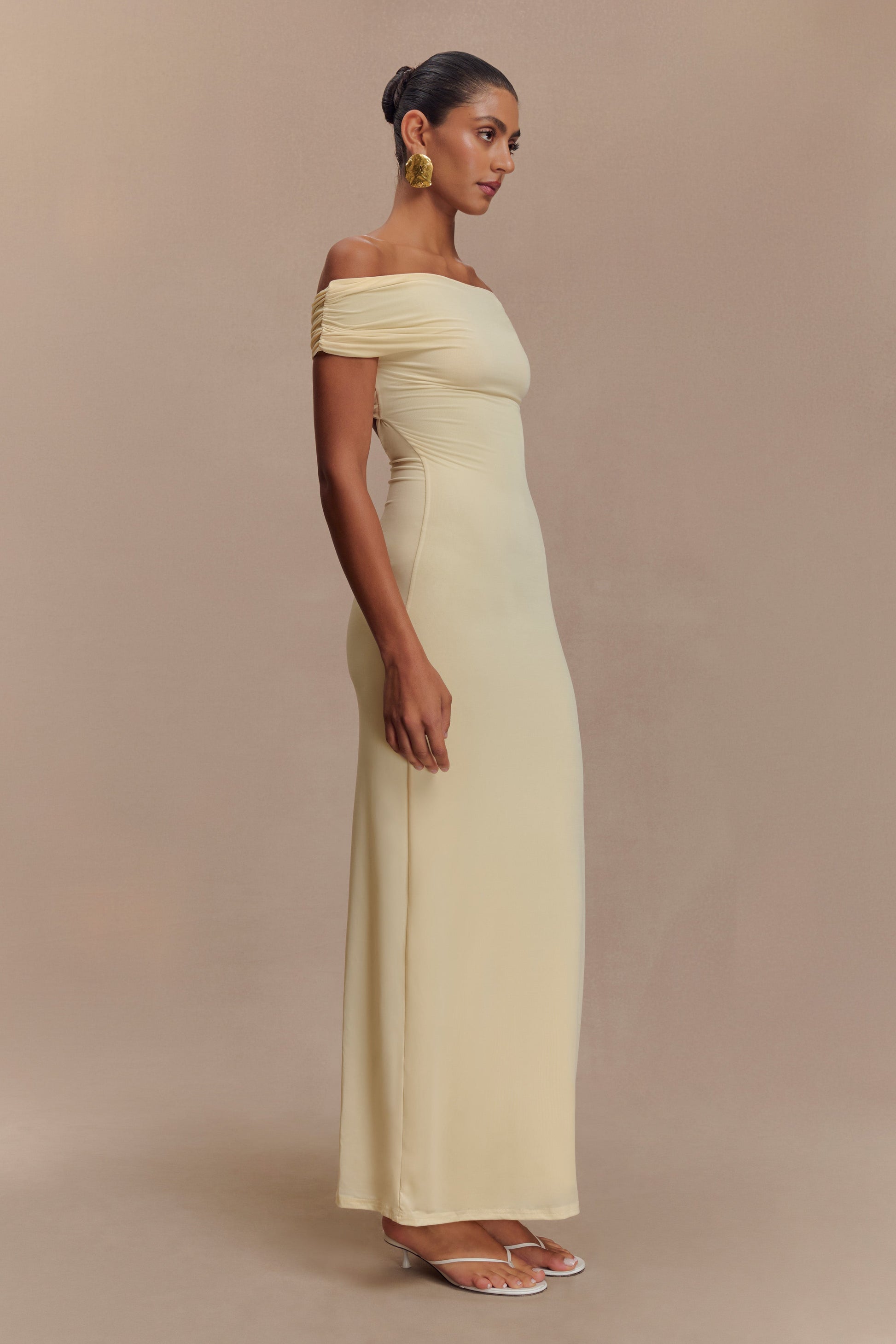 Imogen Off Shoulder Slinky Maxi Dress - Lemon #3