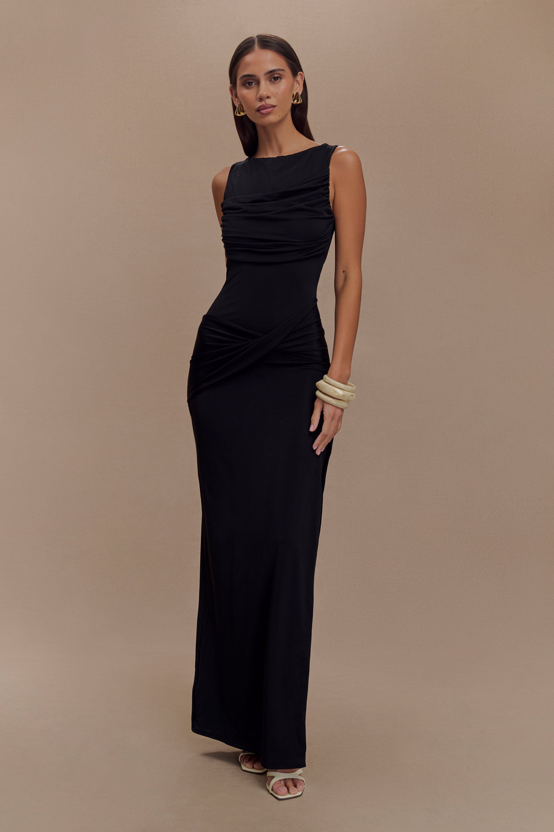 Henley Slinky Drape Maxi Dress - Black | MESHKI UK Henley Slinky Drape Maxi Dress - Black | MESHKI UK