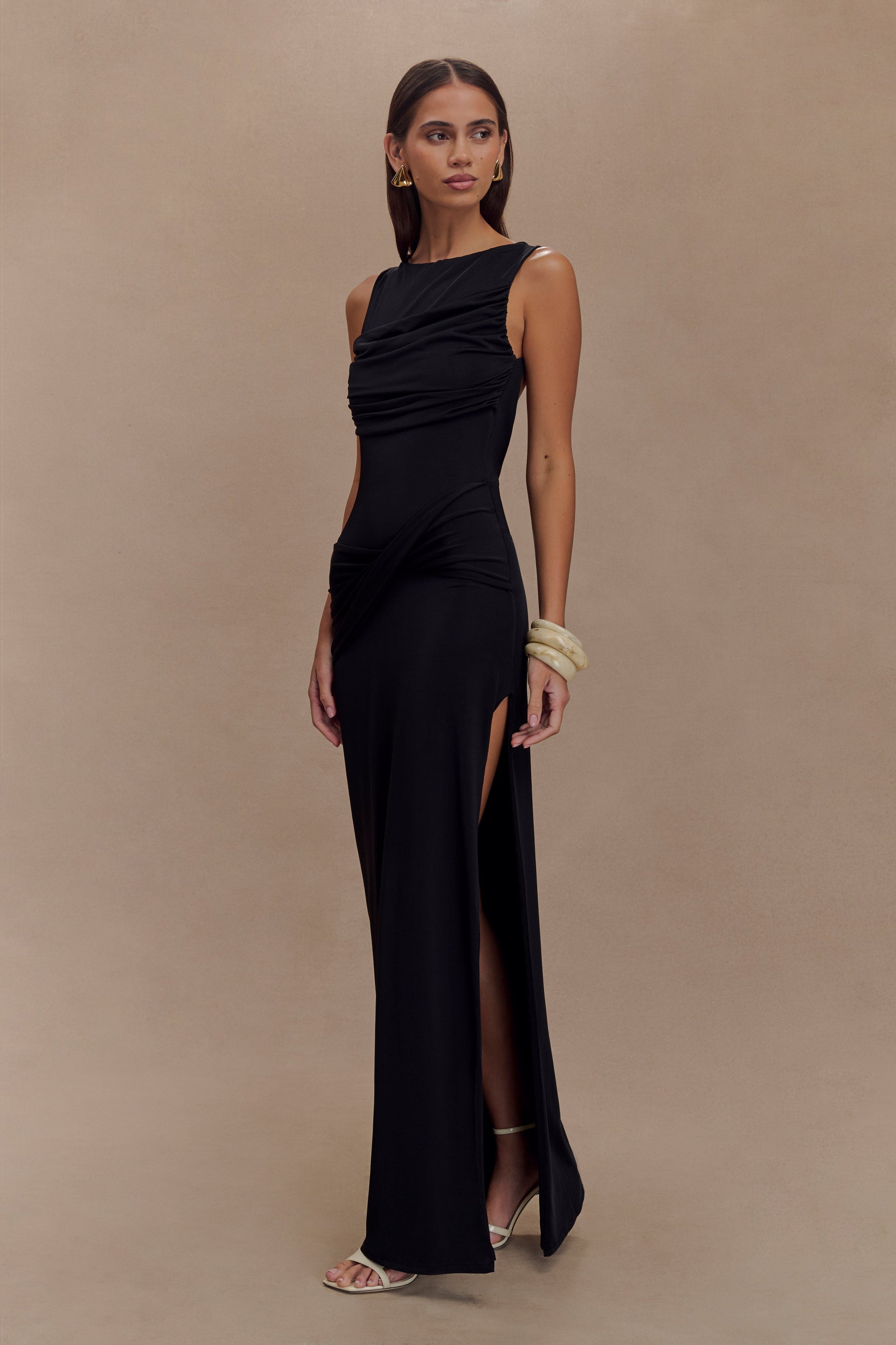 Henley Slinky Drape Maxi Dress - Black #4