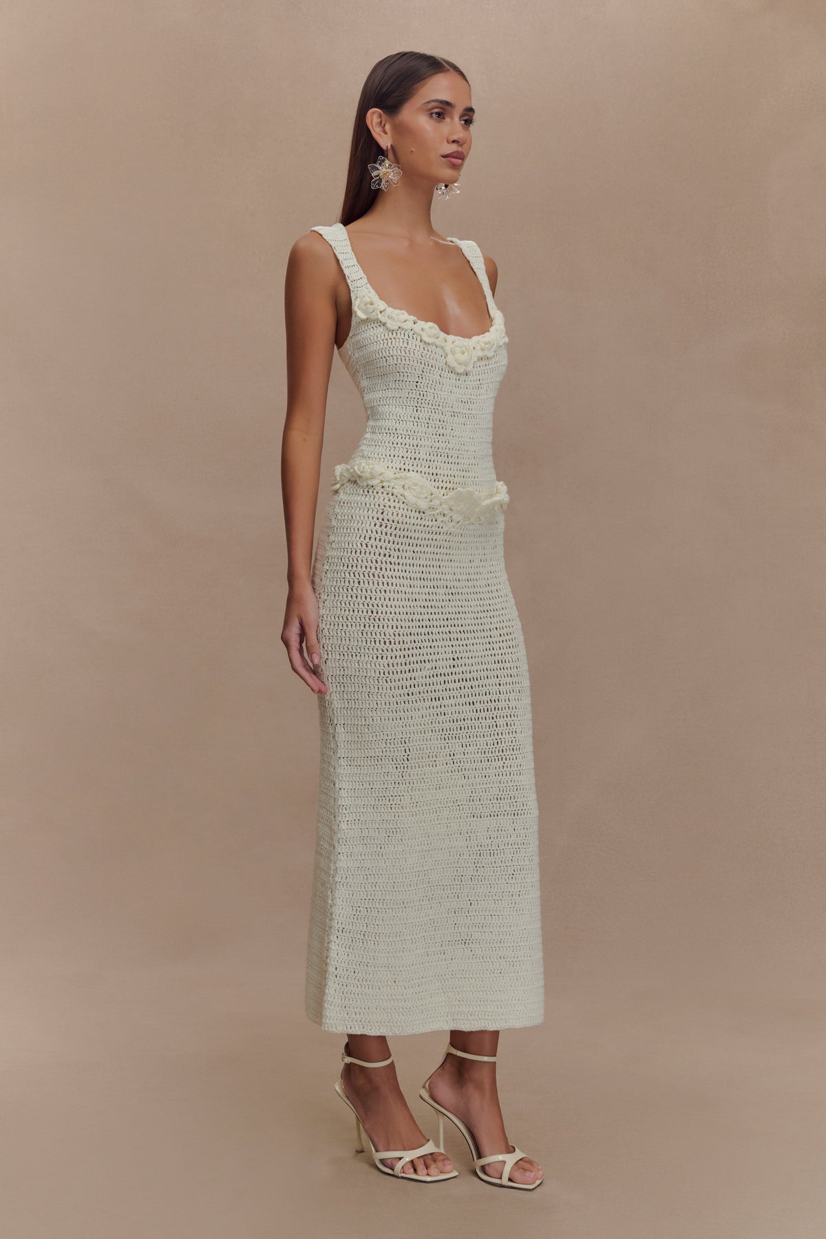 Teagan Floral Hand Crochet Midi Dress - Ivory #4