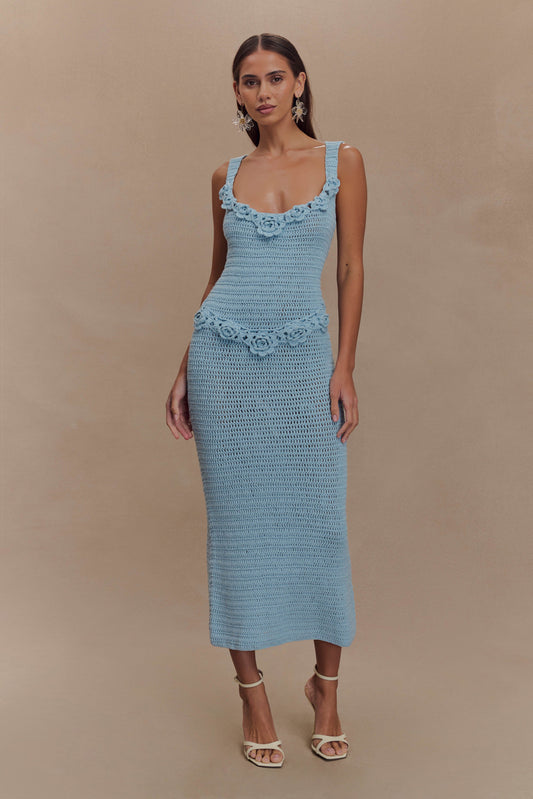 Teagan Floral Hand Crochet Midi Dress - Blue