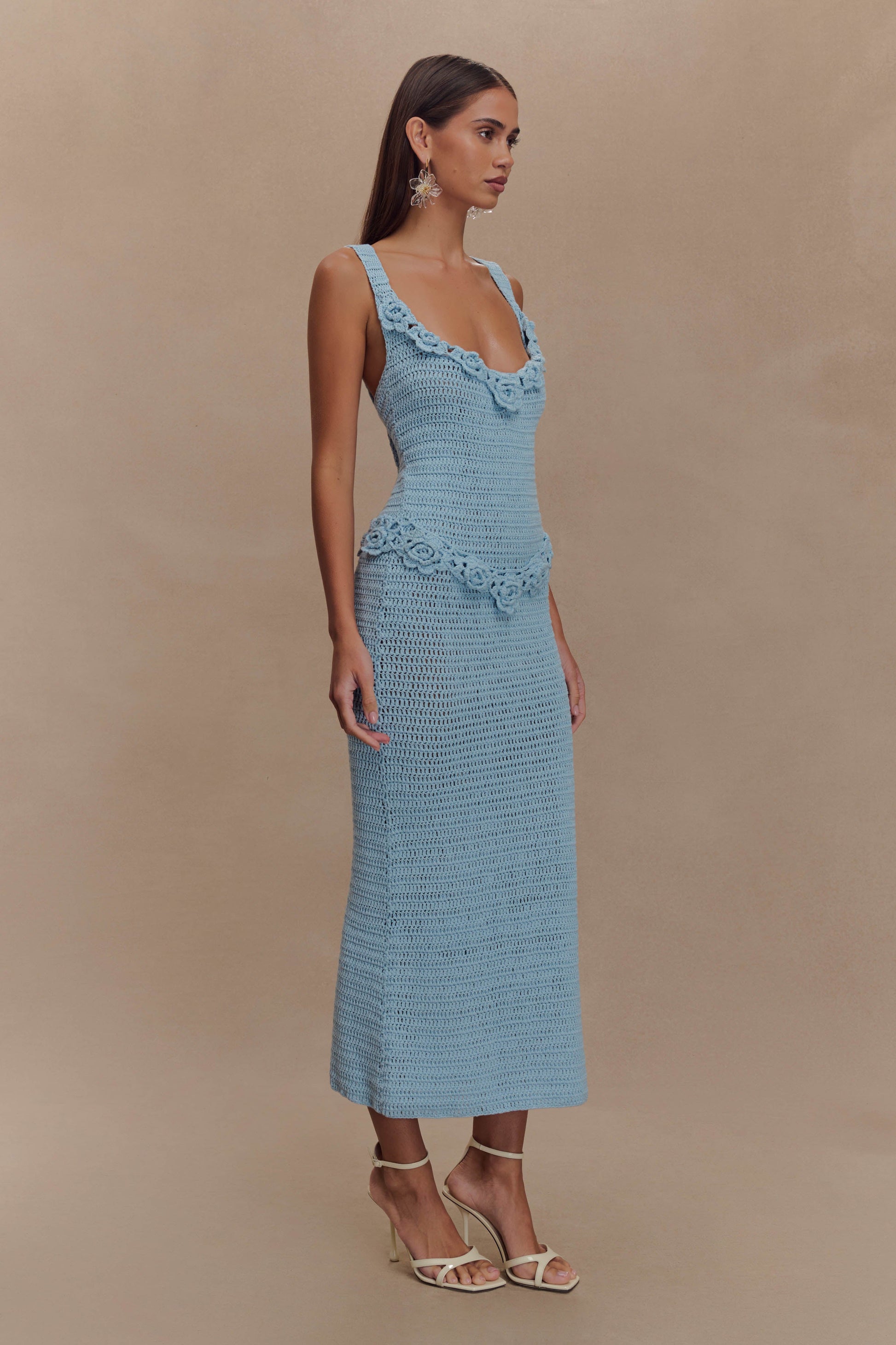 Teagan Floral Hand Crochet Midi Dress - Blue #4