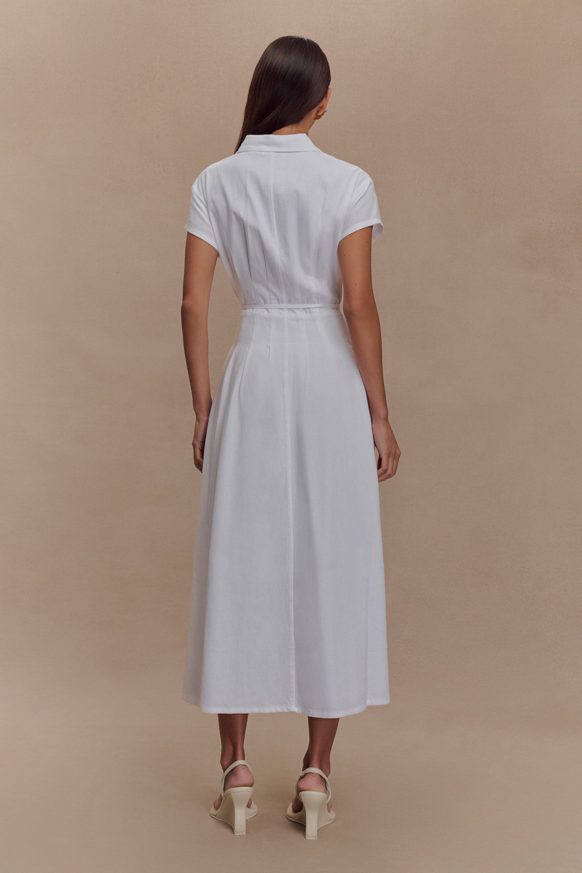 Aysha Buttoned Linen Midi Dress - White | MESHKI UK Aysha Buttoned Linen Midi Dress - White | MESHKI UK