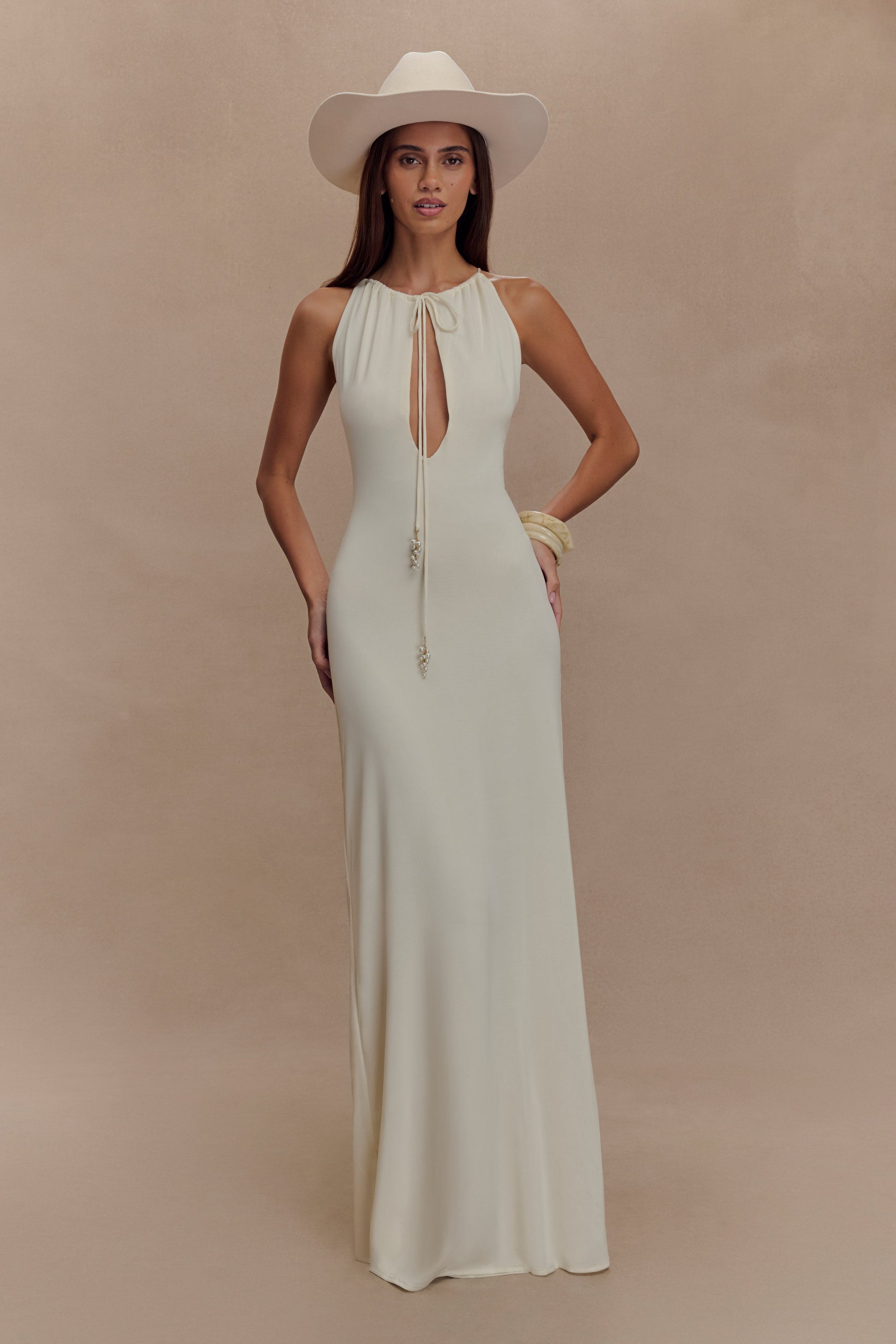 Beryl Slinky Maxi Dress With Pearls - Ivory #6