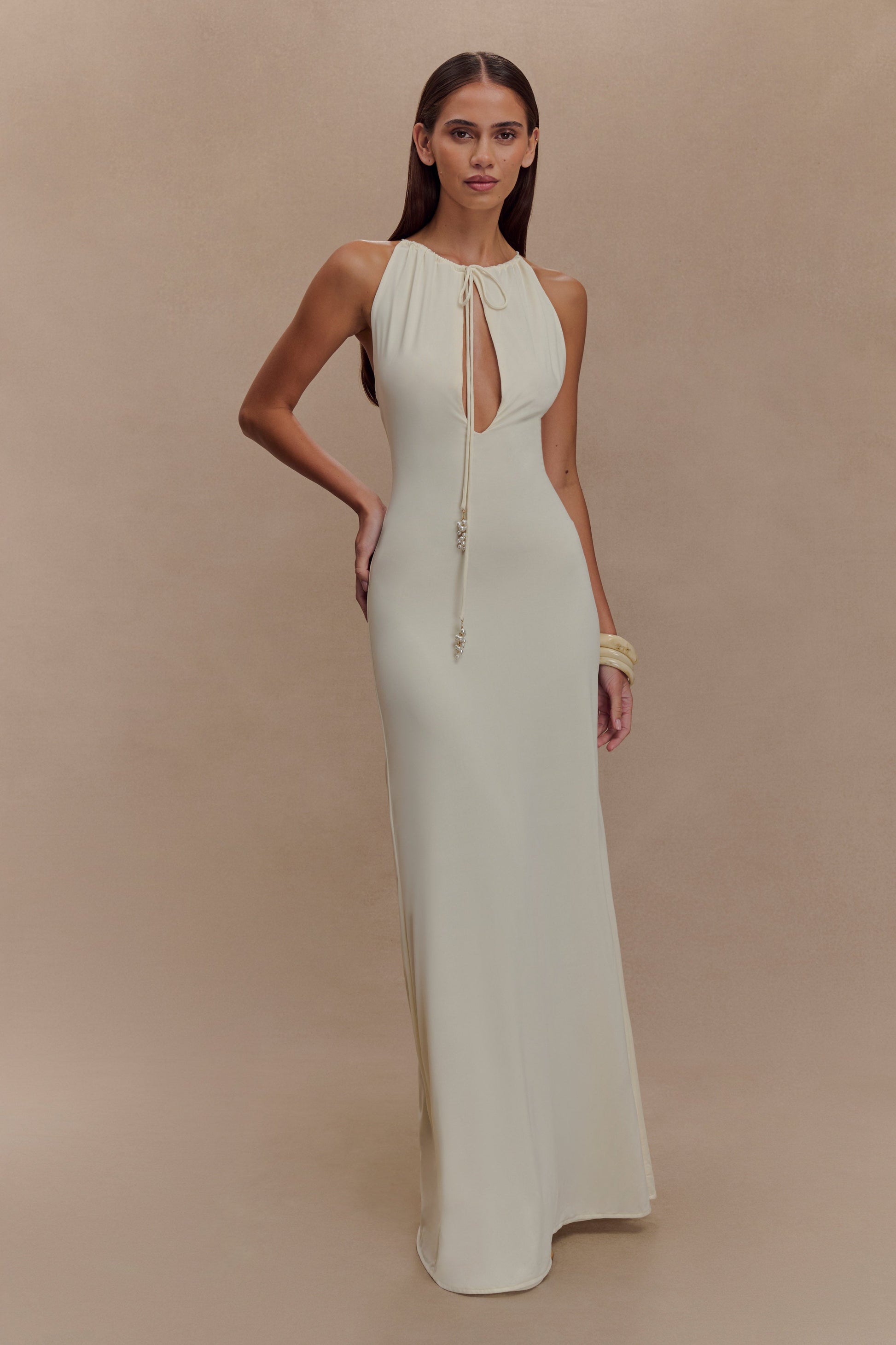 Beryl Slinky Maxi Dress With Pearls - Ivory #2