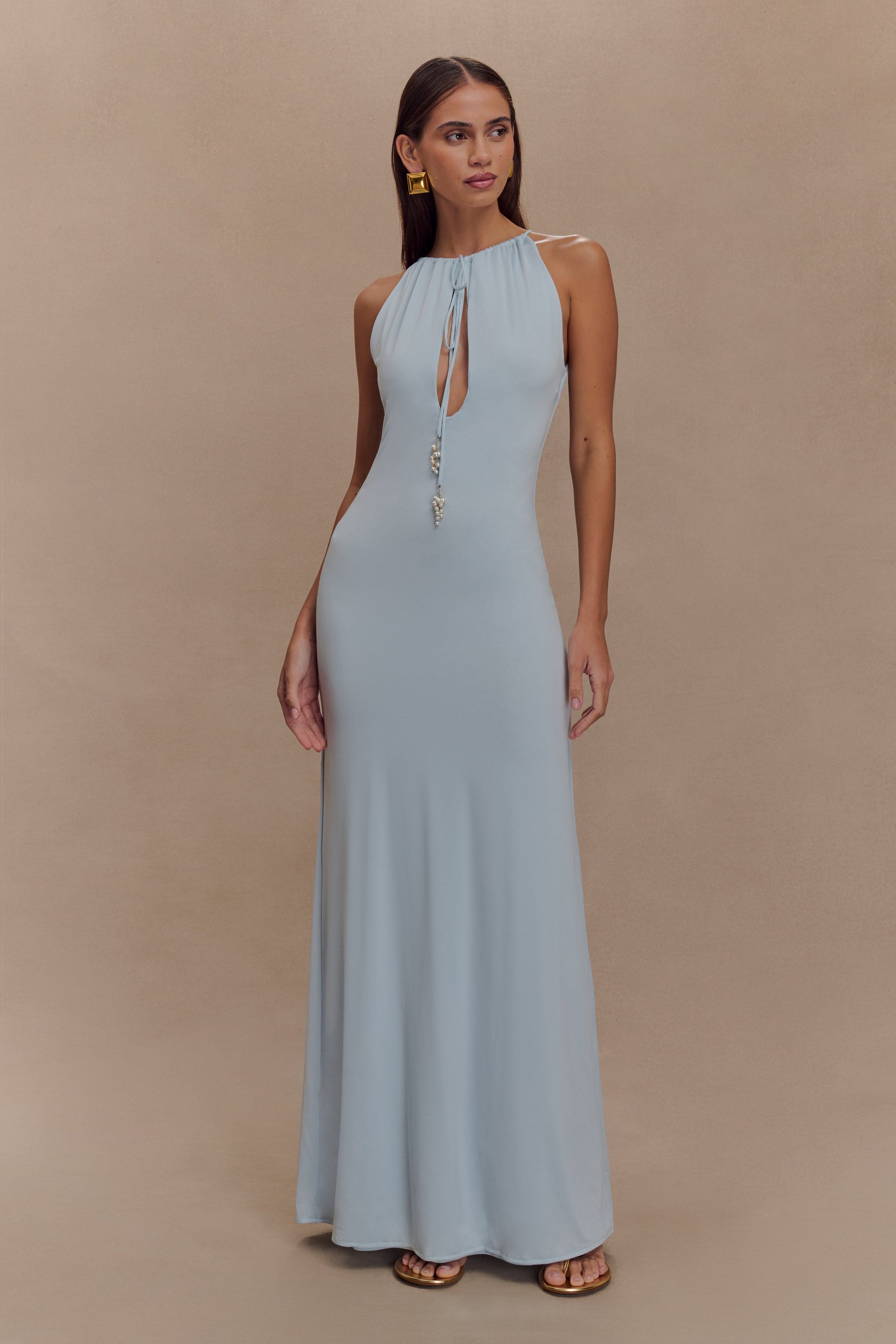 Beryl Slinky Maxi Dress With Pearls - Pale Blue | MESHKI UK