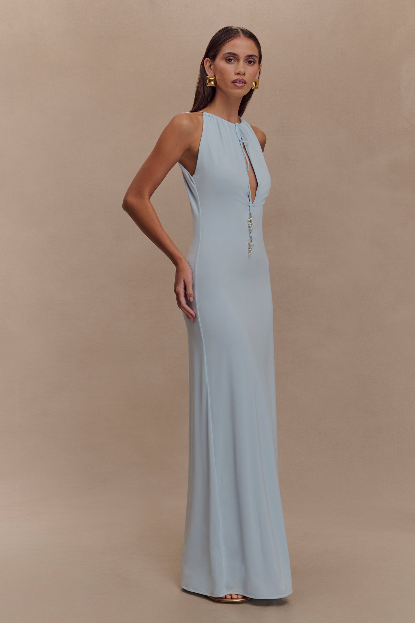 Beryl Slinky Maxi Dress With Pearls - Pale Blue