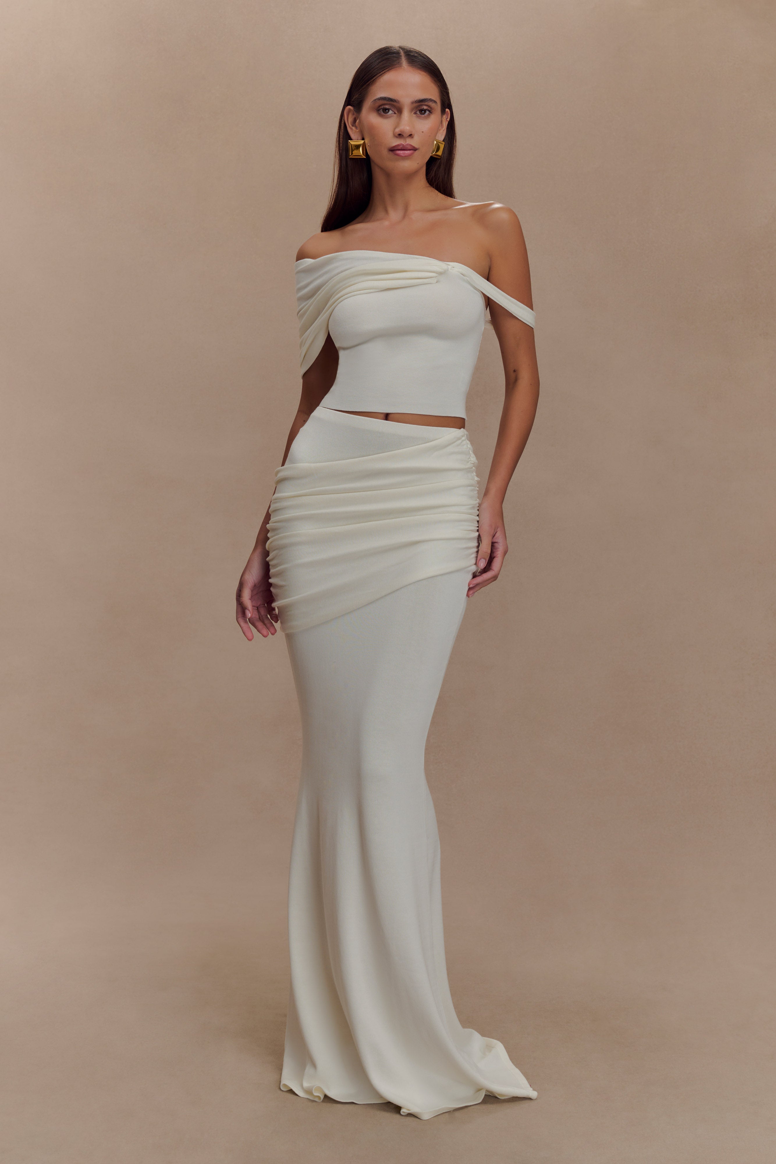 Irene Gathered Knit Maxi Skirt - Ivory | MESHKI UK