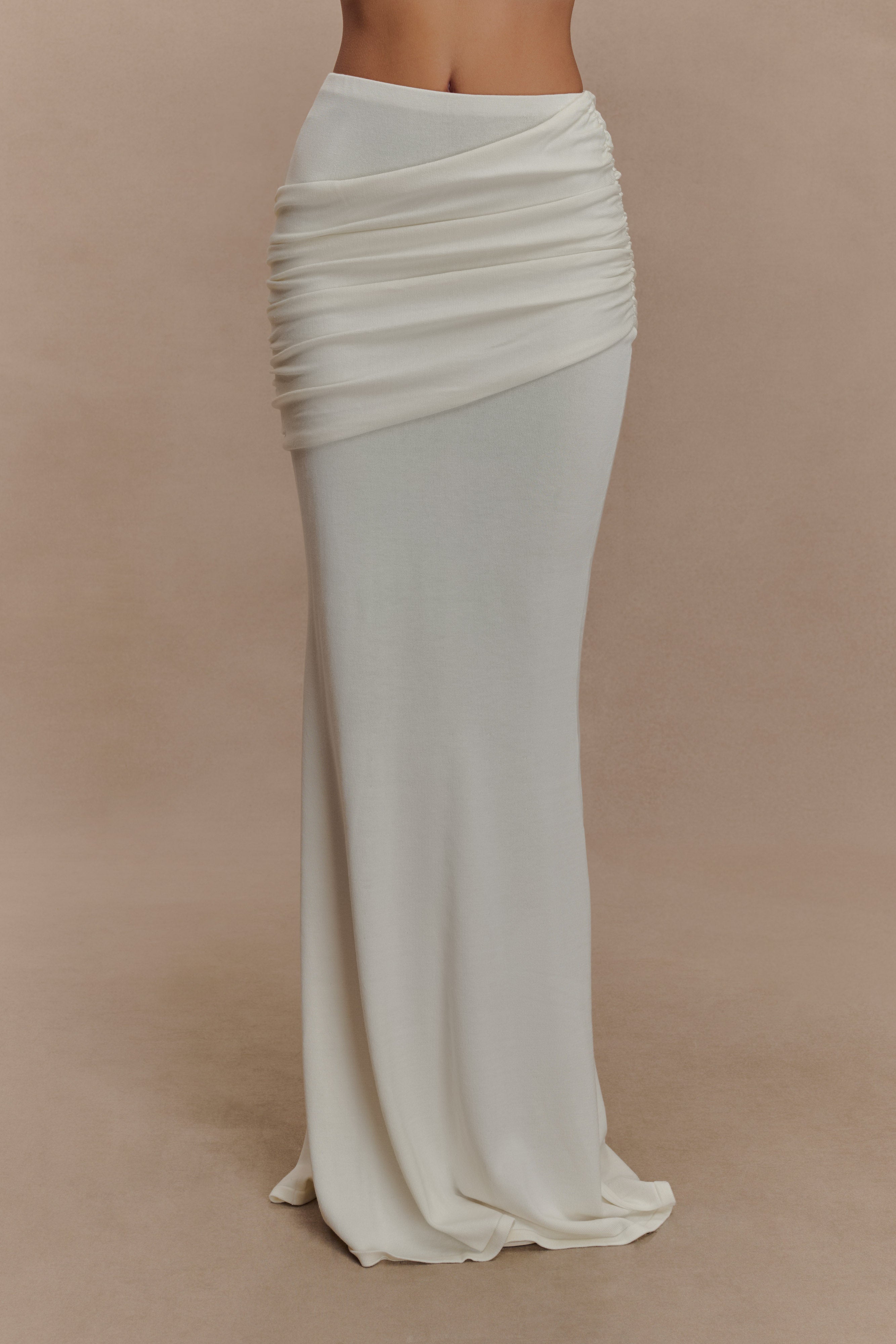 Irene Gathered Knit Maxi Skirt - Ivory | MESHKI UK