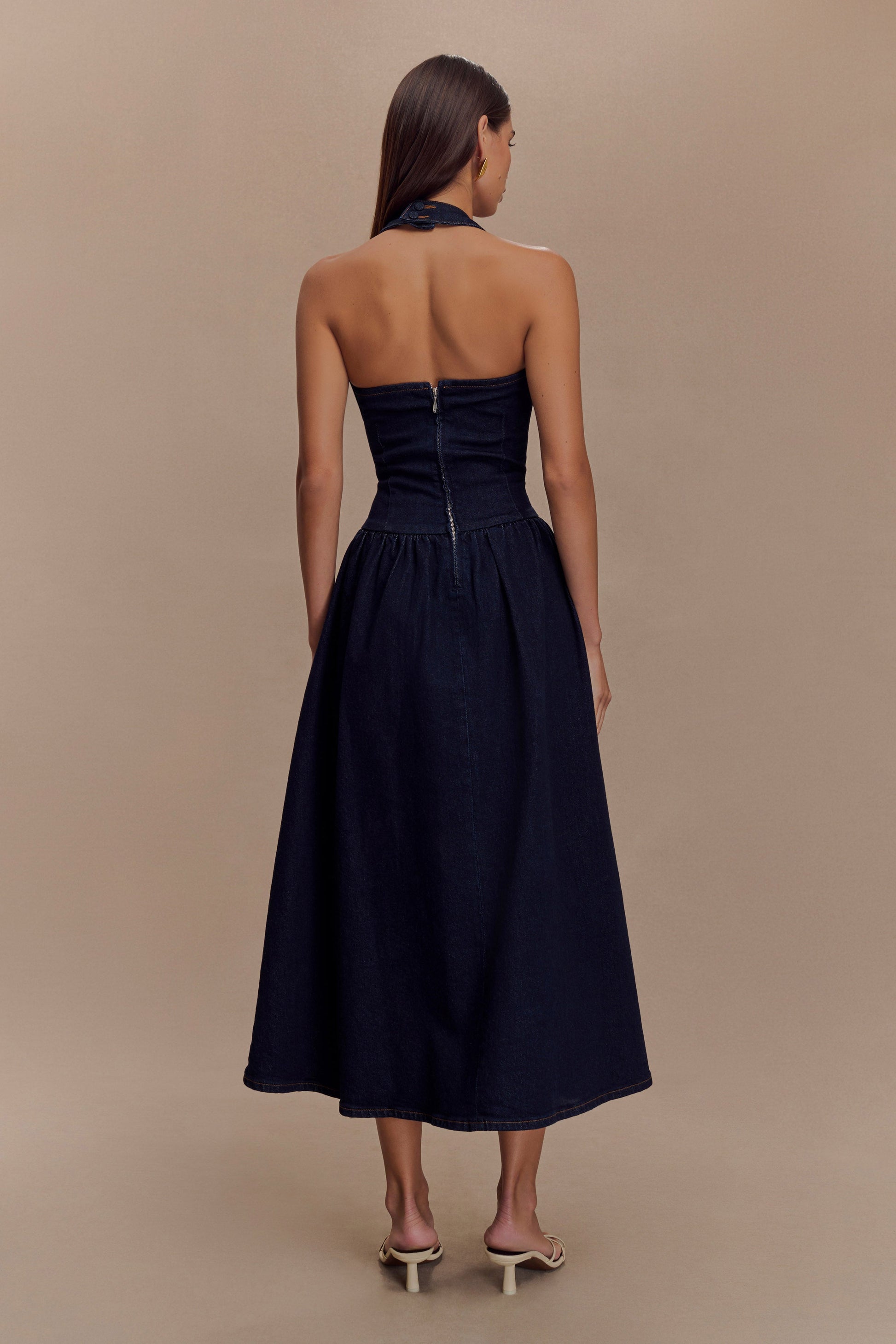 Caroline Denim Halter Midi Dress - Indigo Blue #3