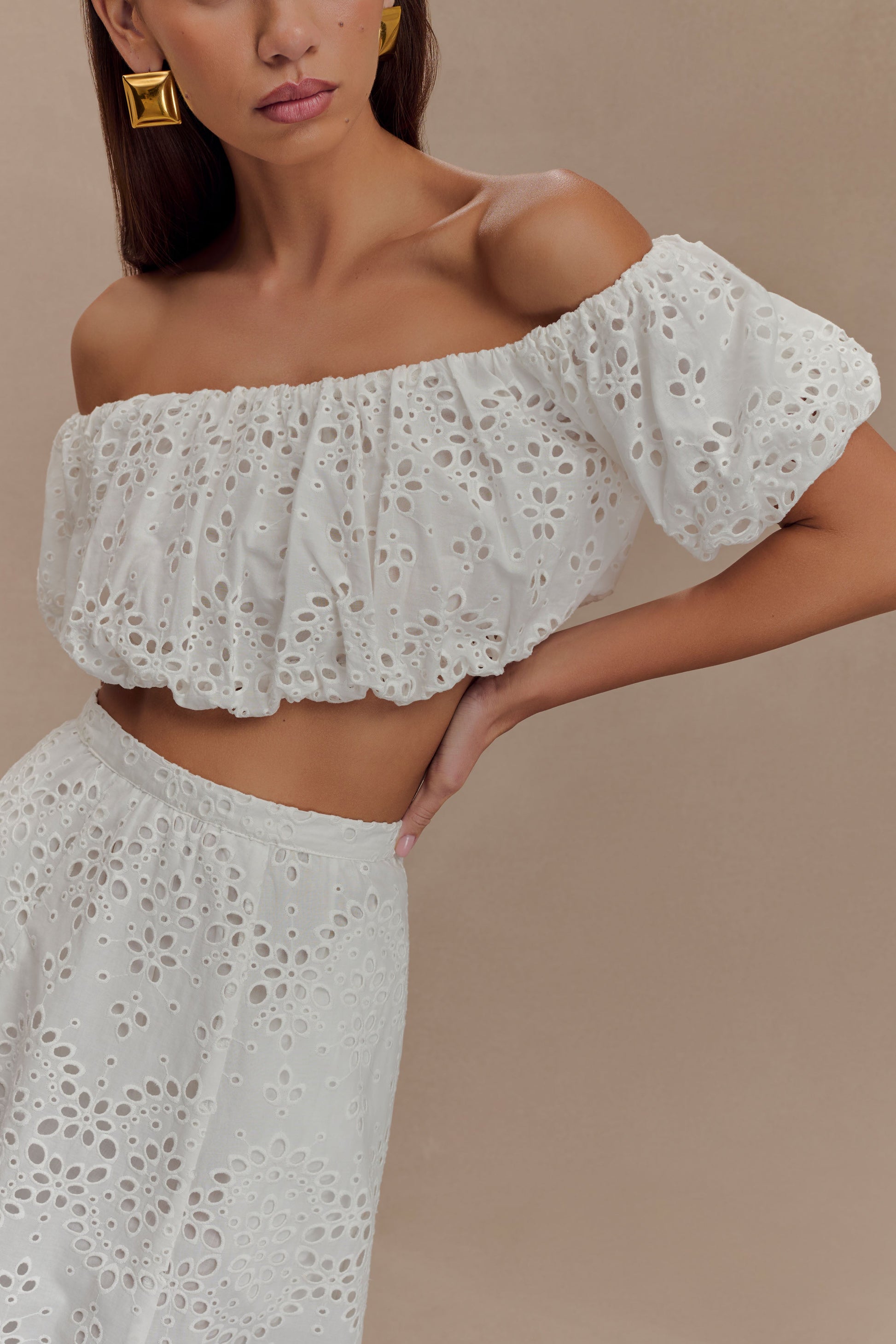 Autumn Off Shoulder Broderie Top - White #4