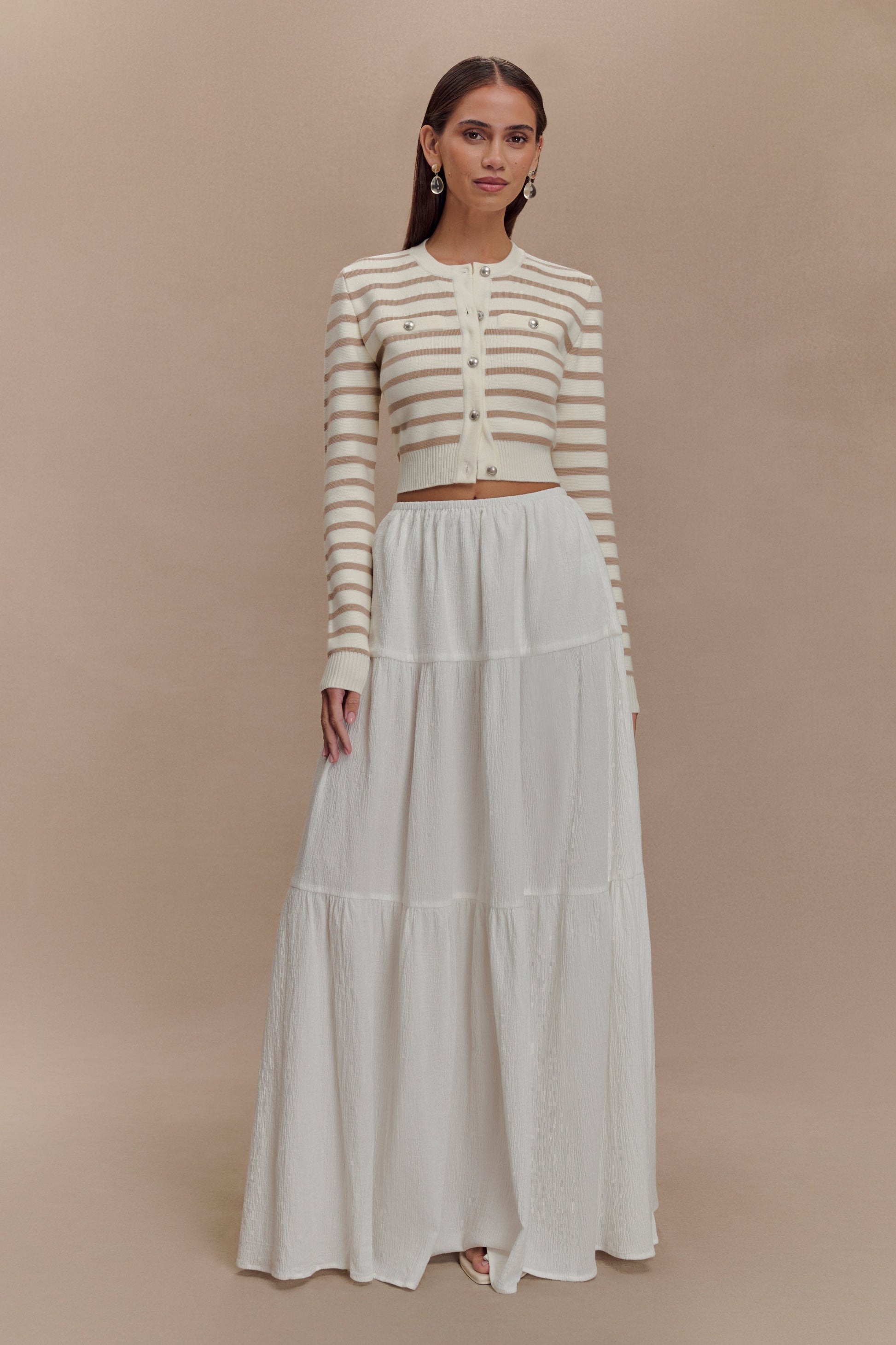 Tanner Striped Knit Cardigan - Nude/White #6