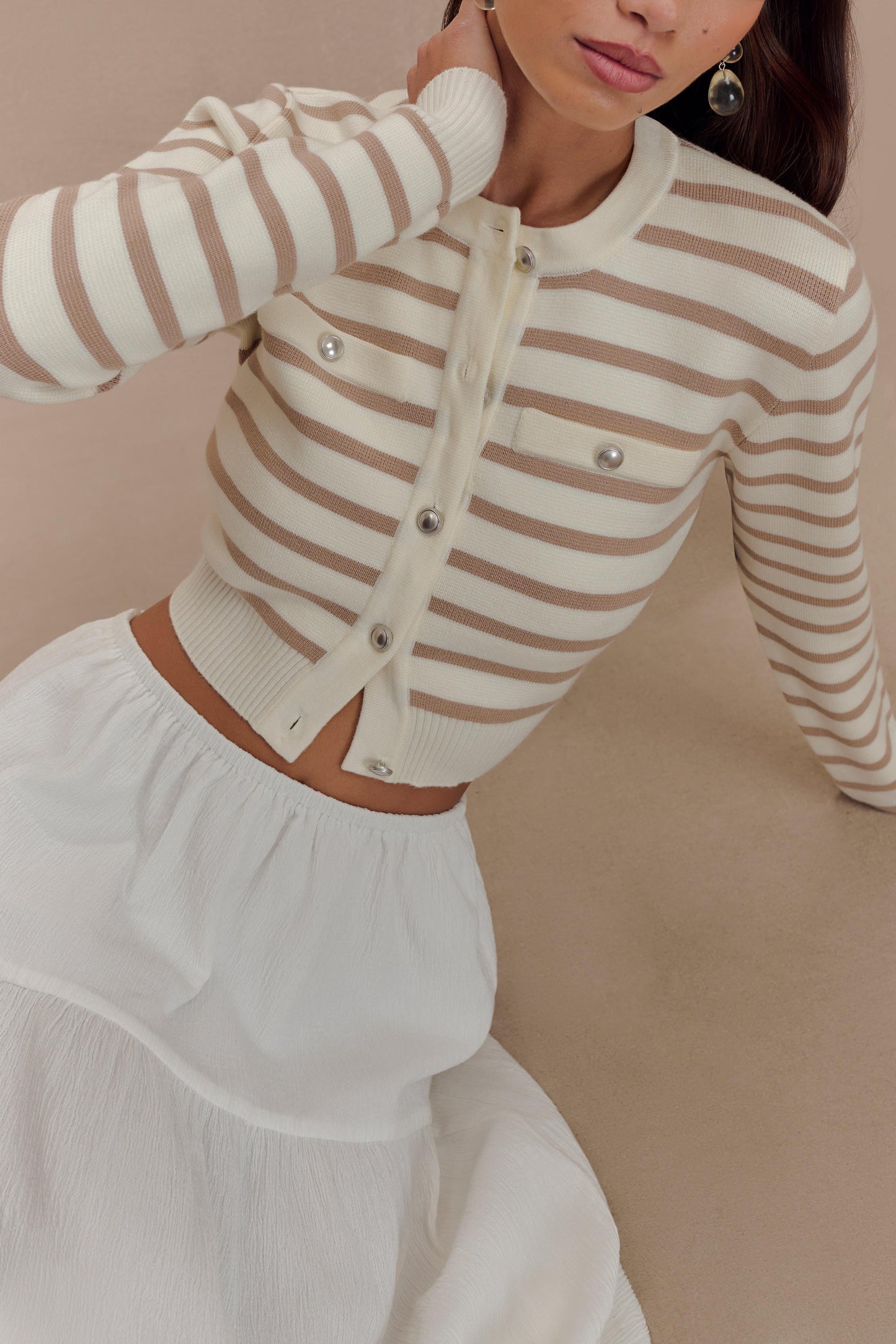 Tanner Striped Knit Cardigan - Nude/White