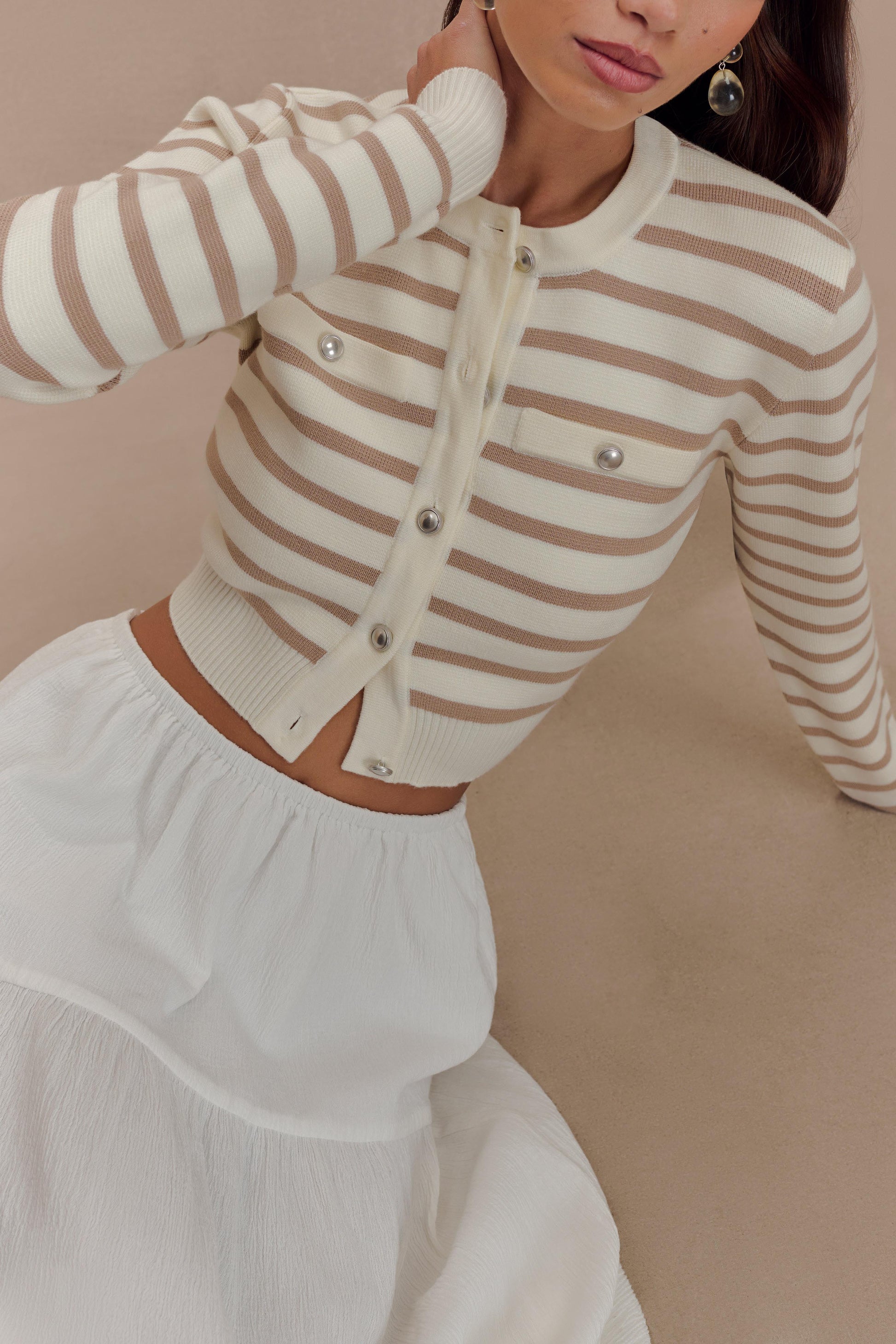 Tanner Striped Knit Cardigan - Nude/White #3