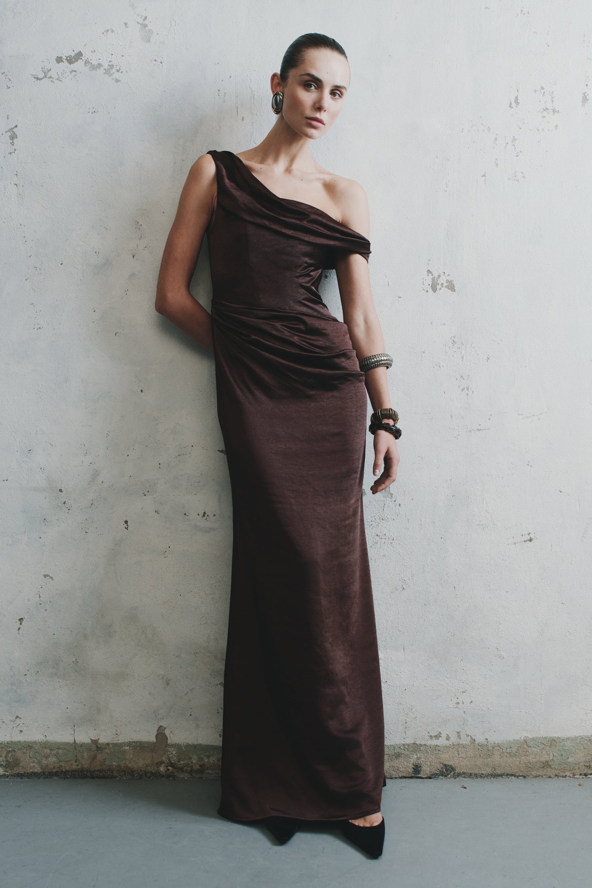 Dalia Off Shoulder Satin Maxi Dress - Dark Chocolate #5
