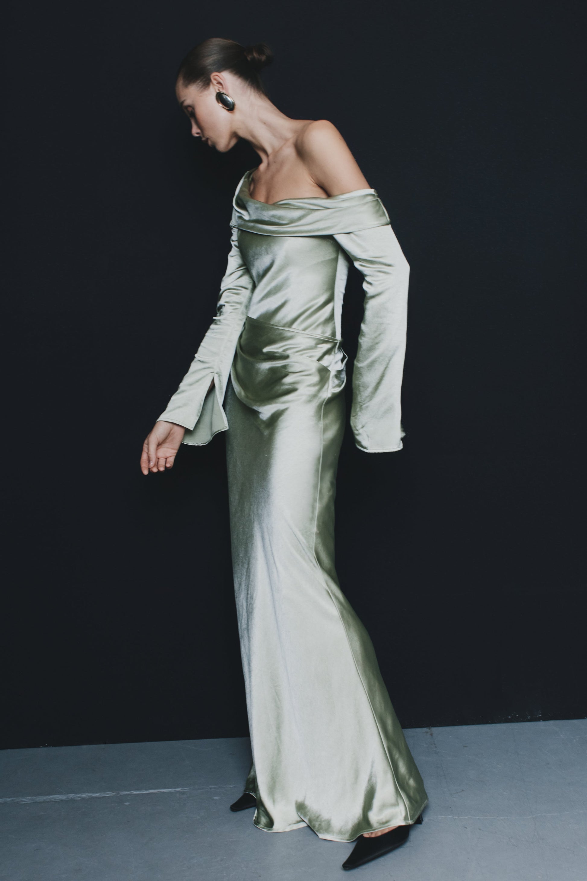Iris Long Sleeve Satin Maxi Dress - Sage #3