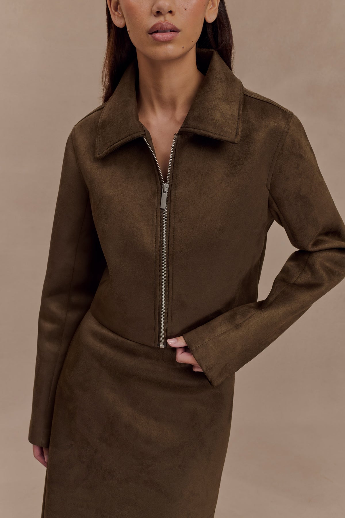 Hayes Faux Suede Collared Jacket - Chocolate #2