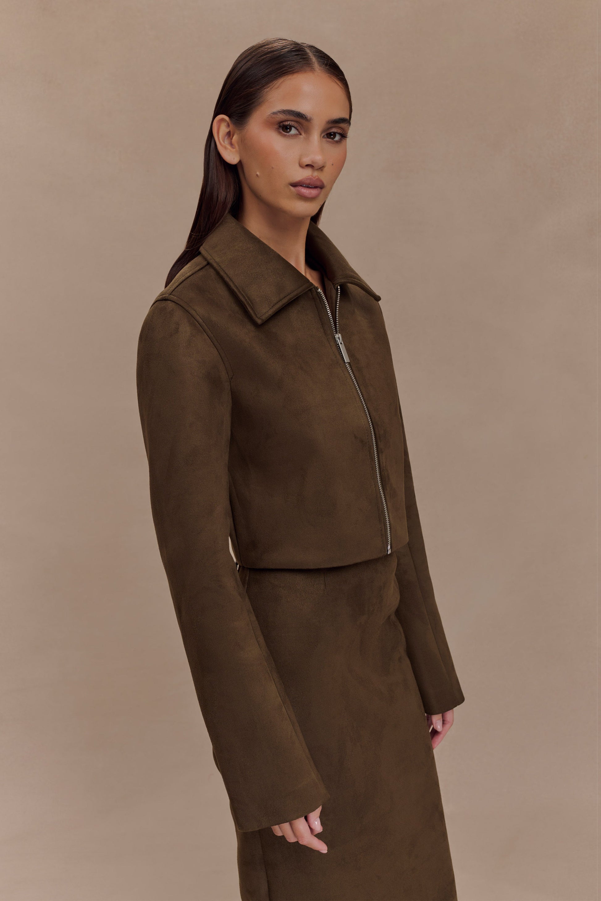 Hayes Faux Suede Collared Jacket - Chocolate #5