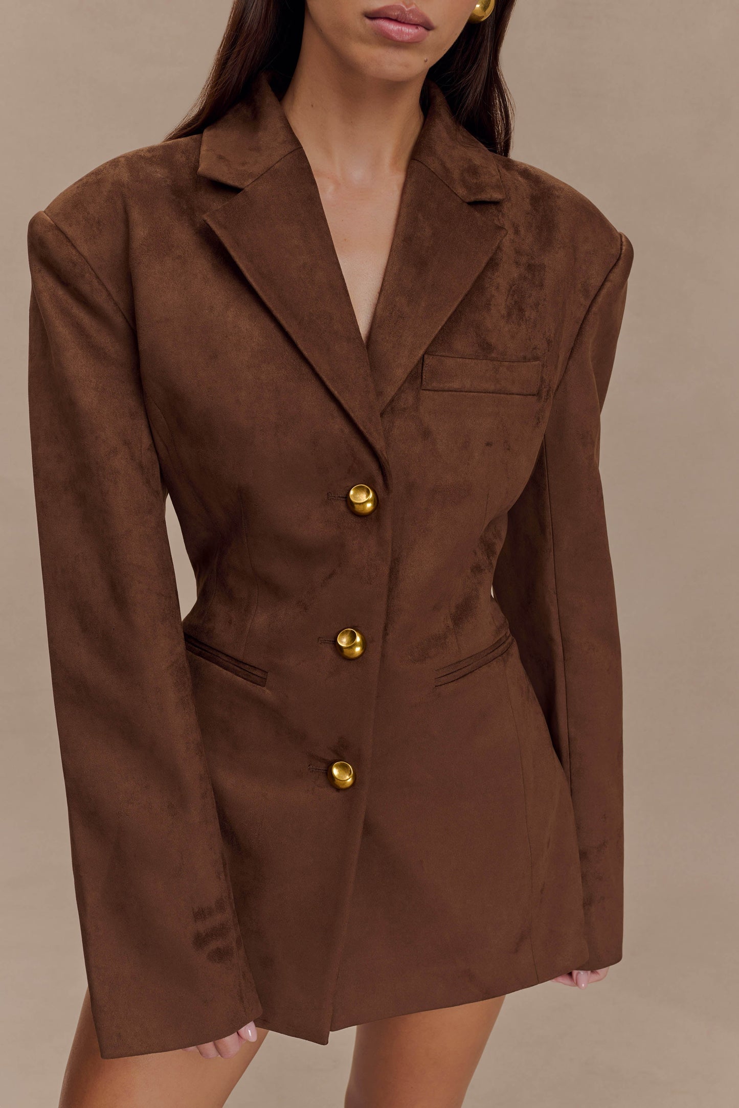 Sally Faux Suede Cinched Blazer - Milk Chocolate