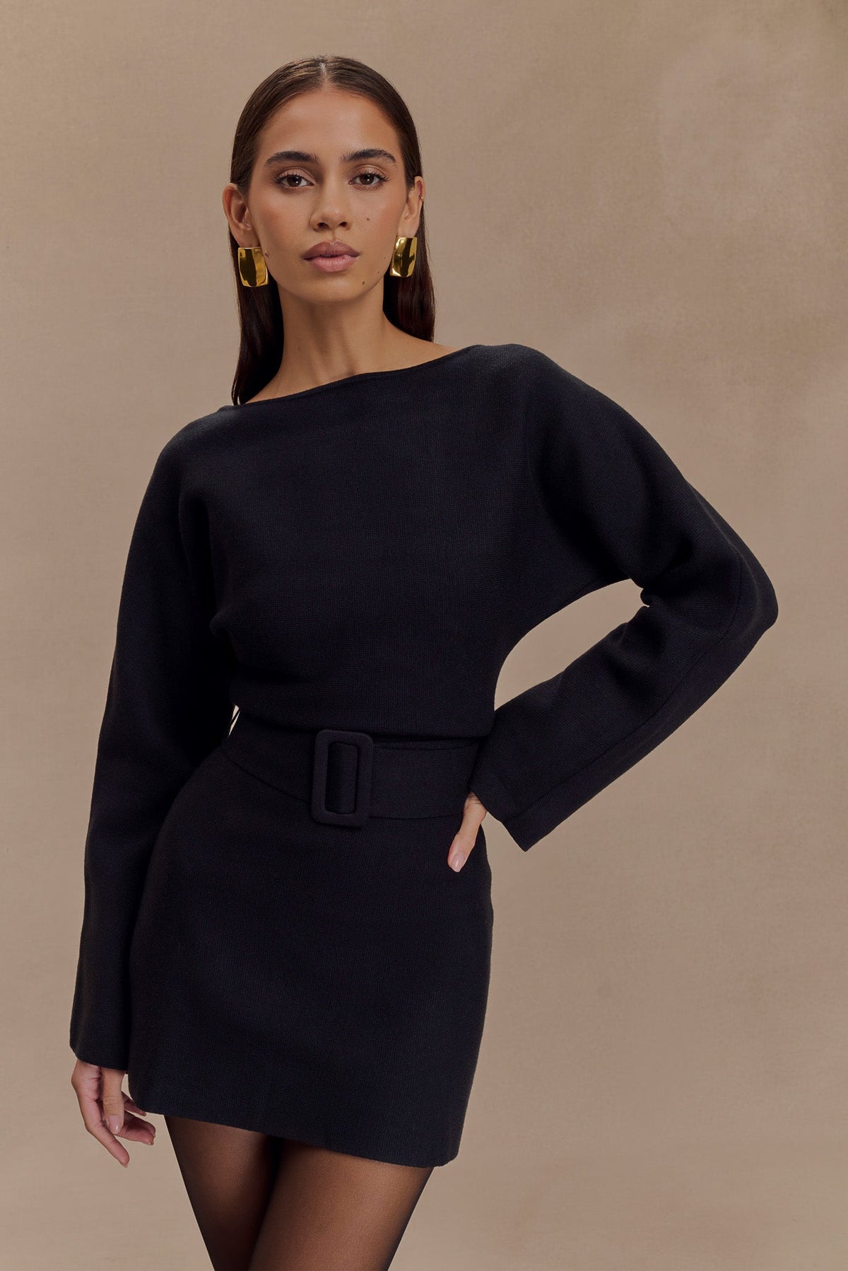 Kassie Belt Tie Knit Mini Dress - Black #7