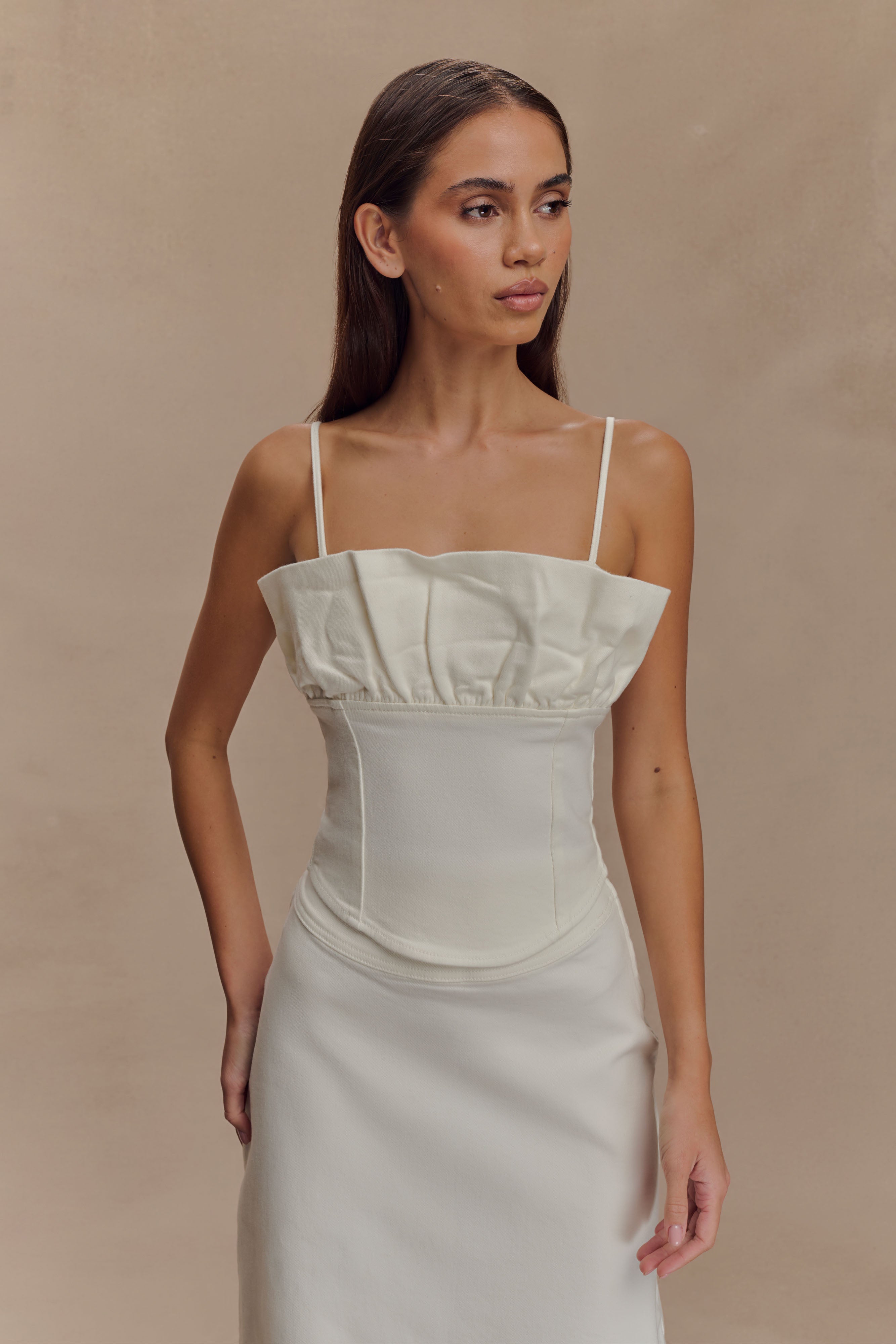Cecilia Denim Frill Corset - White | MESHKI UK