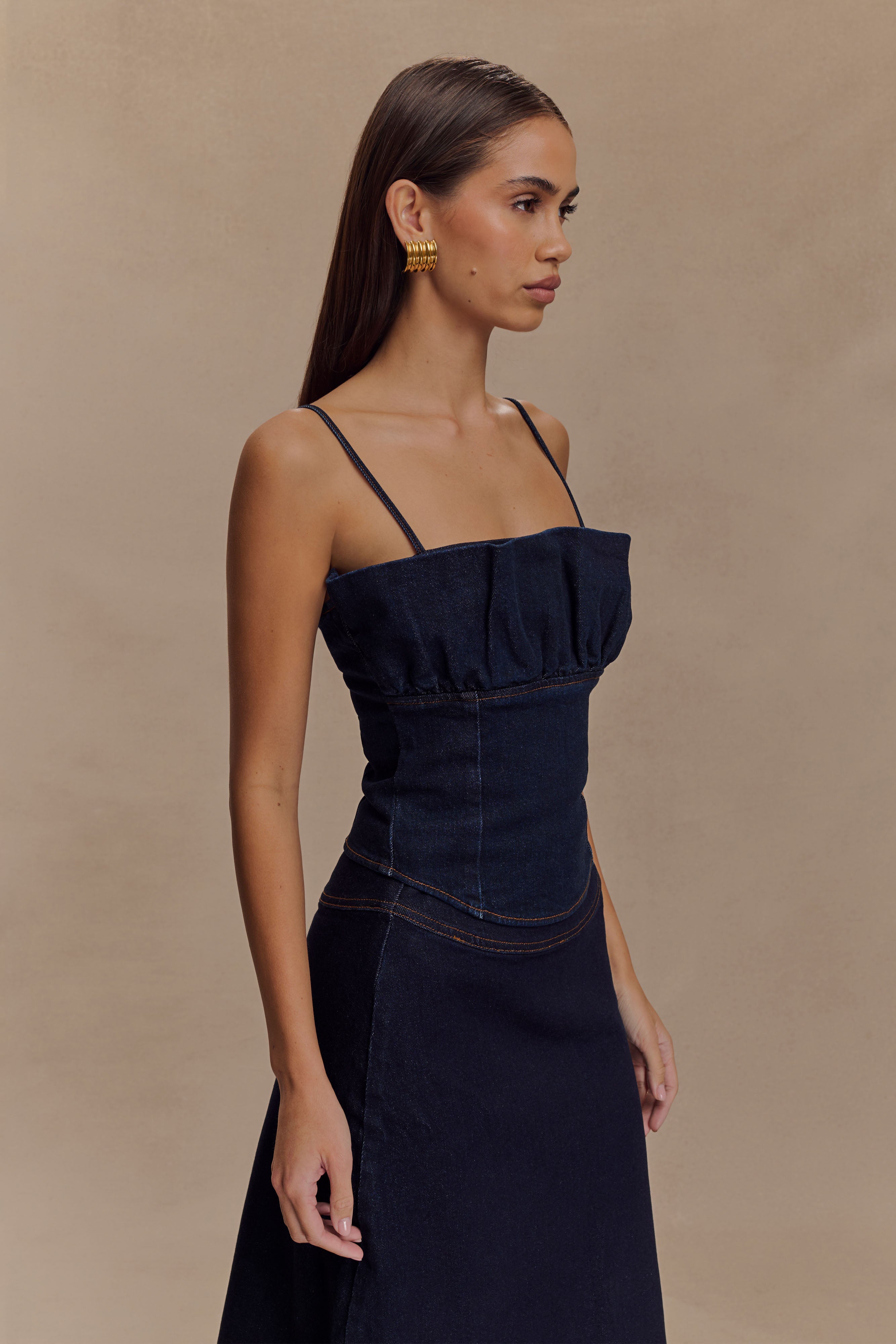 Cecilia Denim Frill Corset - Indigo Blue | MESHKI UK