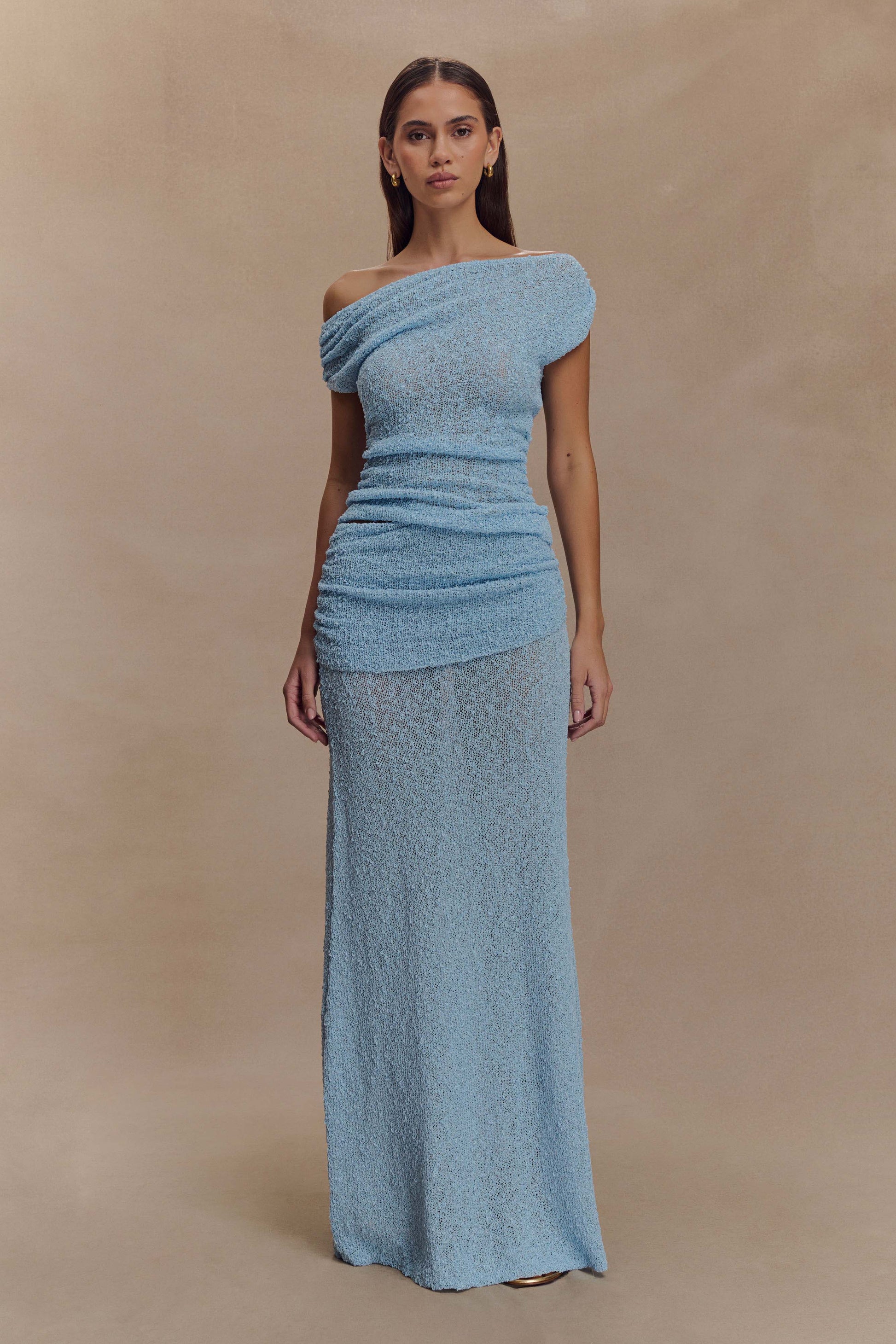 Chloe Off Shoulder Boucle Knit Top - Light Blue #6