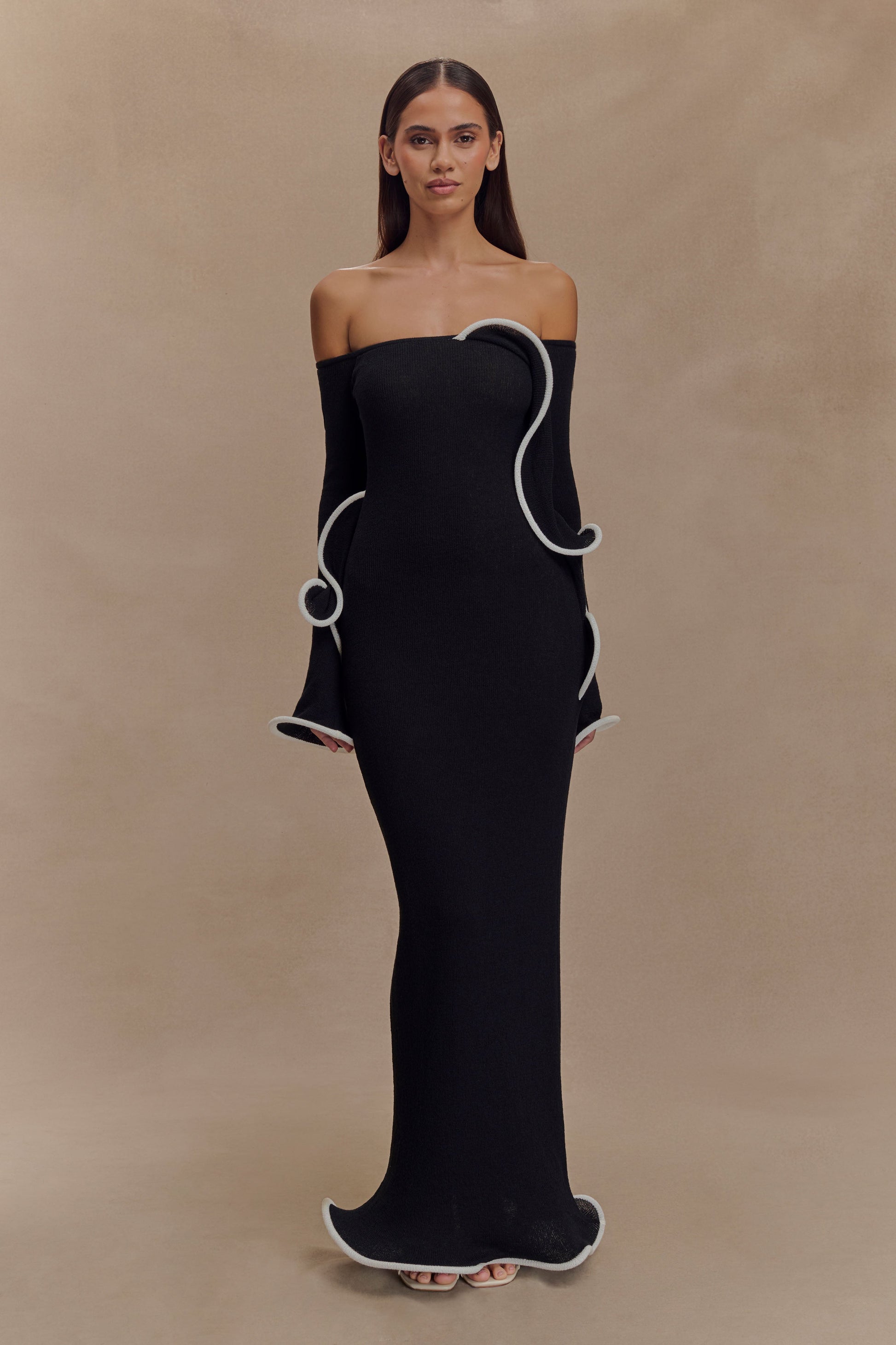Sandrine Off Shoulder Knit Maxi Dress - Black/White | MESHKI UK Sandrine Off Shoulder Knit Maxi Dress - Black/White | MESHKI UK
