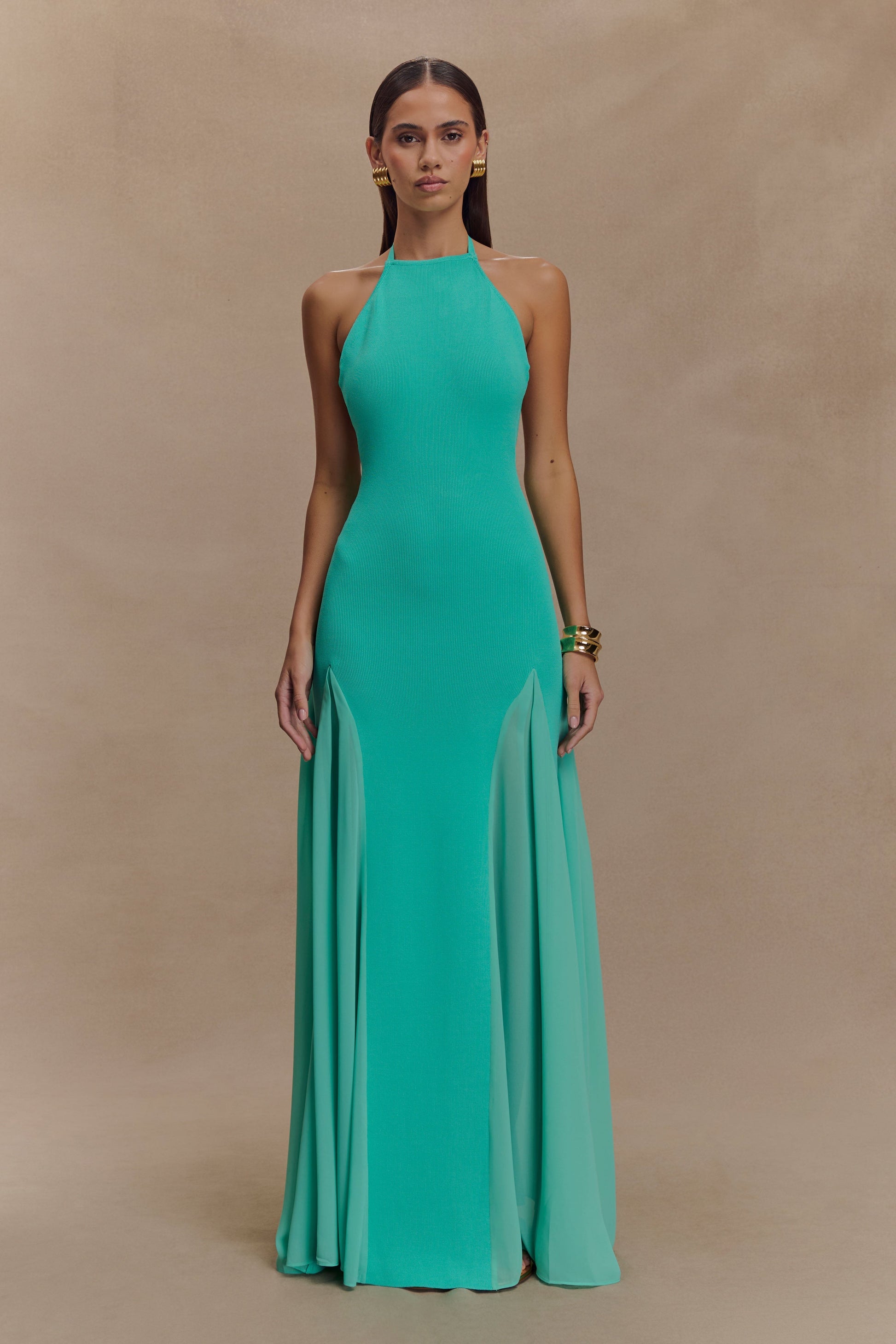 Soleil Knit And Mesh Halter Maxi Dress - Lagoon #2