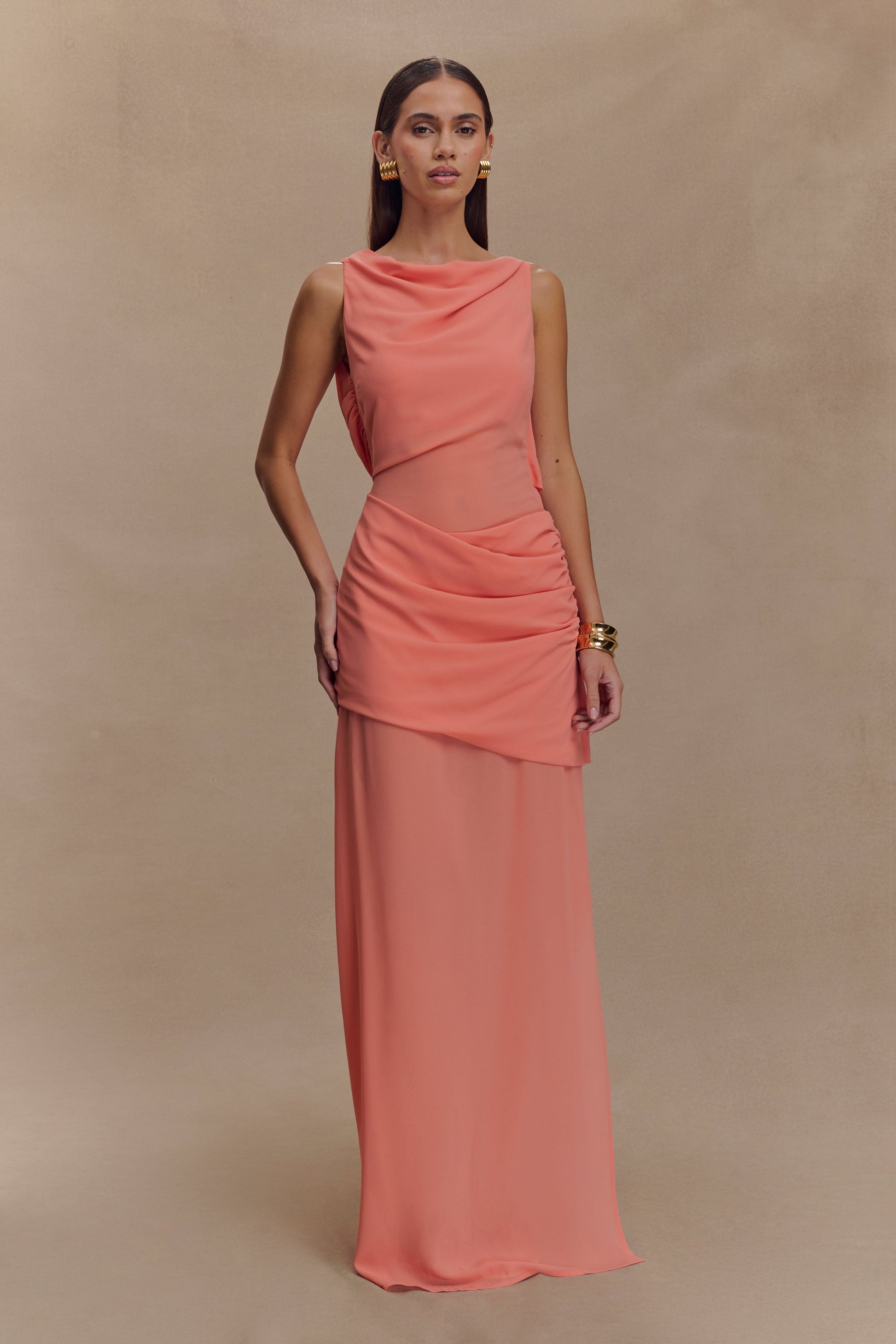 Daria Draped Chiffon Maxi Dress - Pastel Nectarine | MESHKI UK Daria Draped Chiffon Maxi Dress - Pastel Nectarine | MESHKI UK