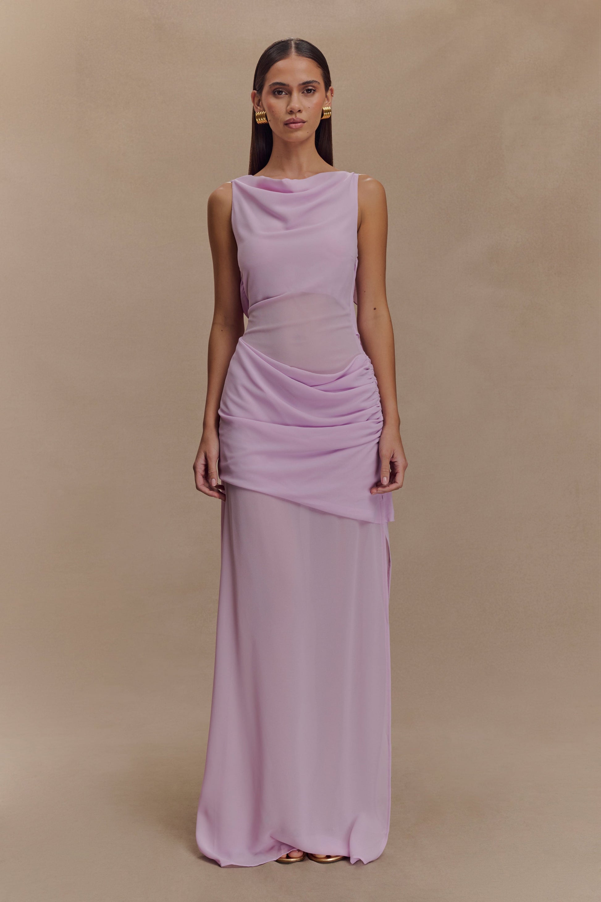 lilac maxi dress uk Cara | Lilac Matte Satin High-Neck Maxi Dress Club L London
