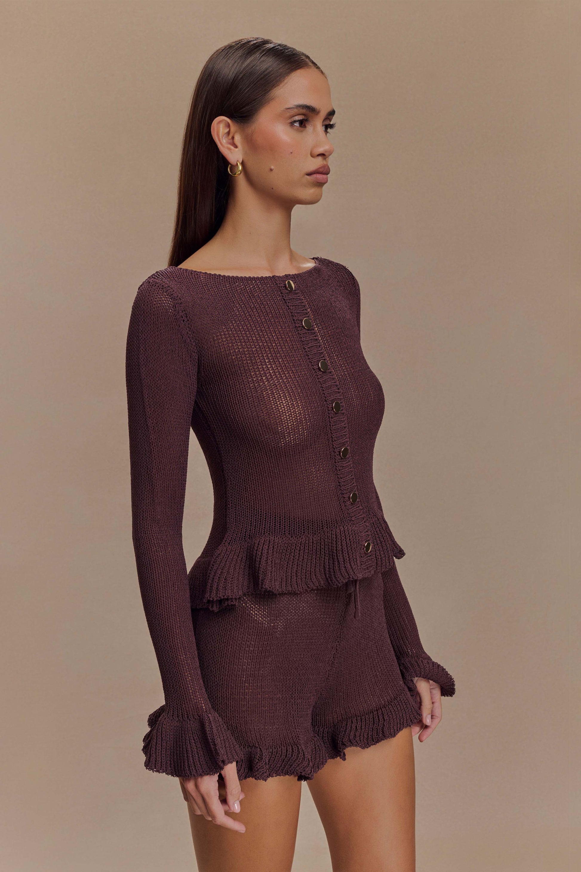 Eleanor Knit Frill Cardigan - Chocolate #5