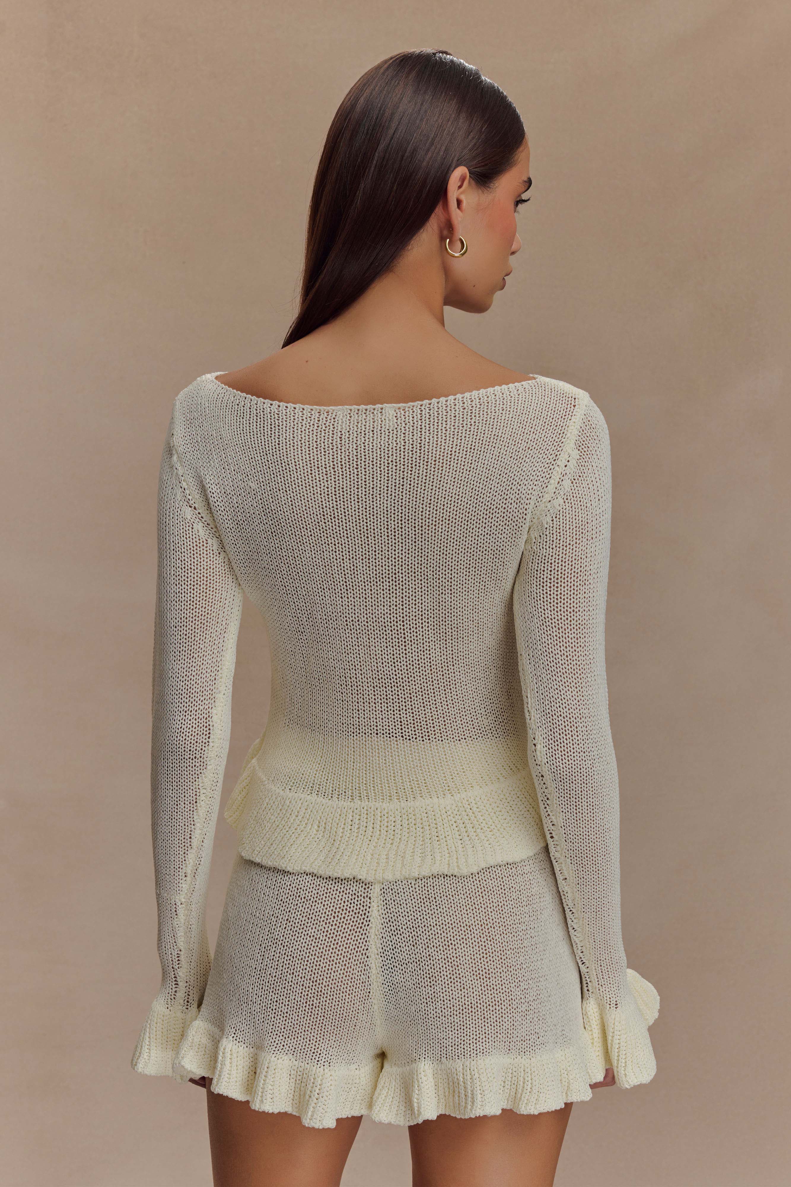 Eleanor Knit Frill Cardigan - White | MESHKI UK Eleanor Knit Frill Cardigan - White | MESHKI UK