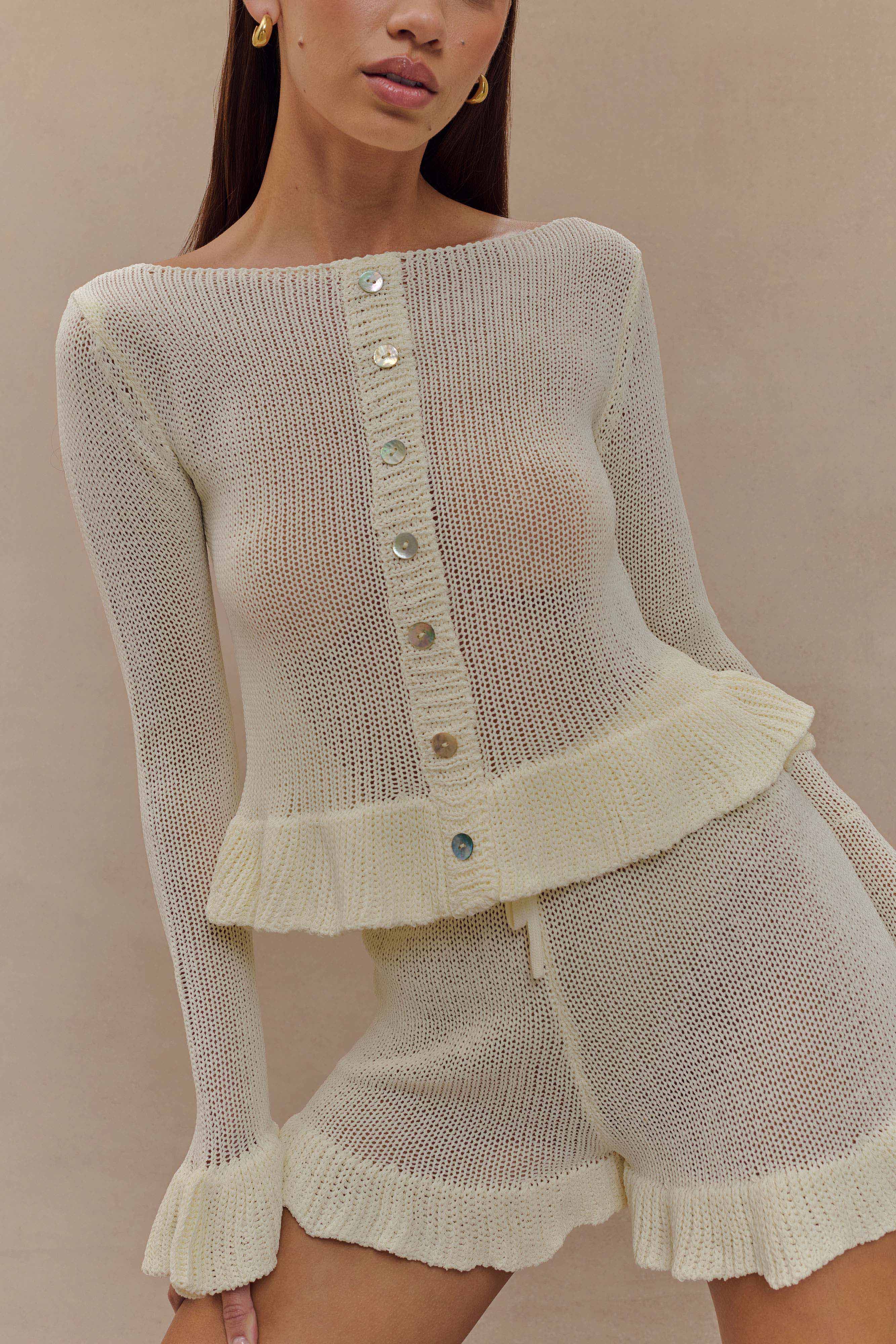 Eleanor Knit Frill Cardigan - White | MESHKI UK